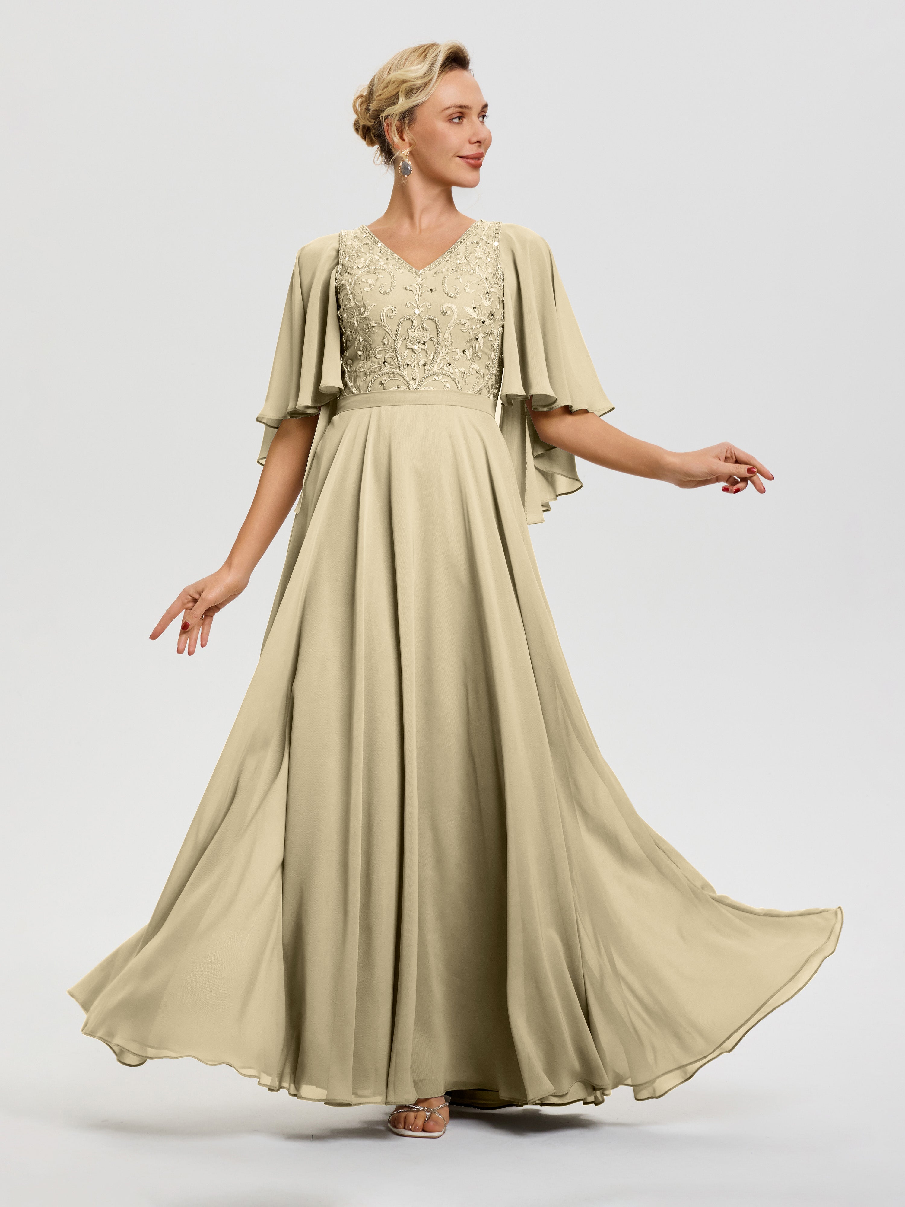 Robe Mere De La Mariee Champagne Col V Mousseline & Dentelle Robe Mère De Mariée Manches À Volants