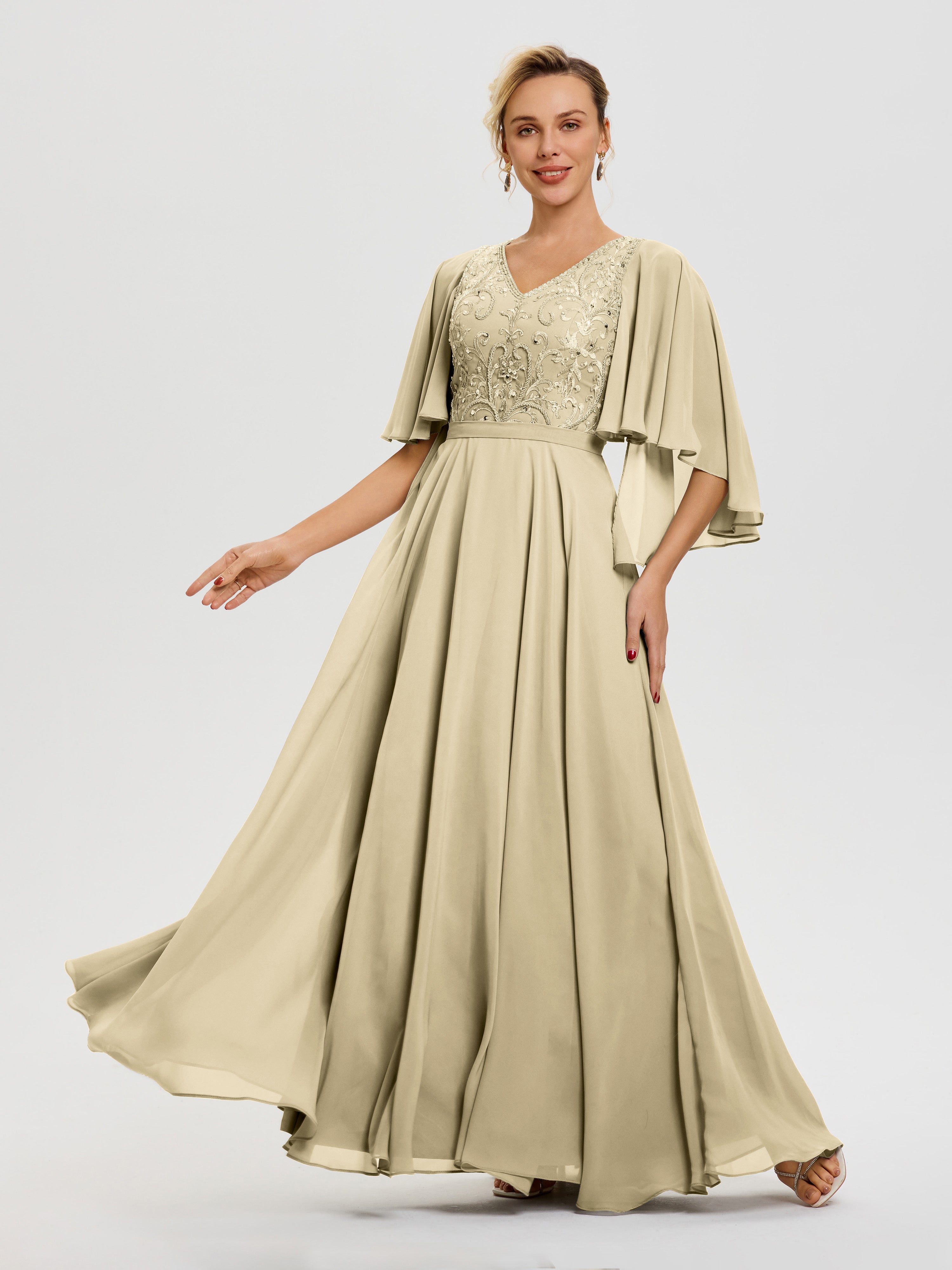 Robe Mere De La Mariee Champagne Col V Mousseline & Dentelle Robe Mère De Mariée Manches À Volants