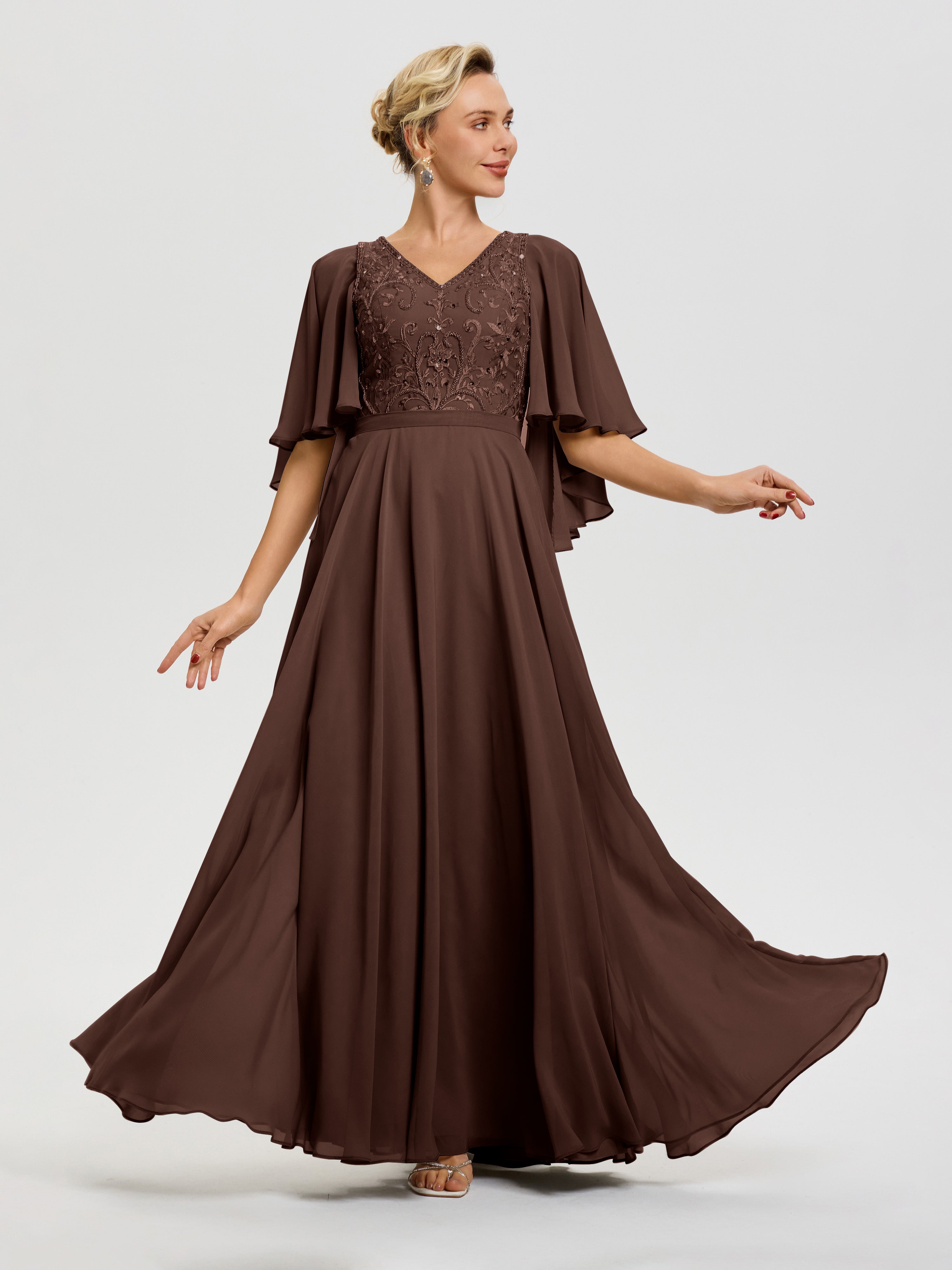 Robe Mère De La Mariée Chocolat Col V Mousseline & Dentelle Robe Mère De Mariée Manches À Volants