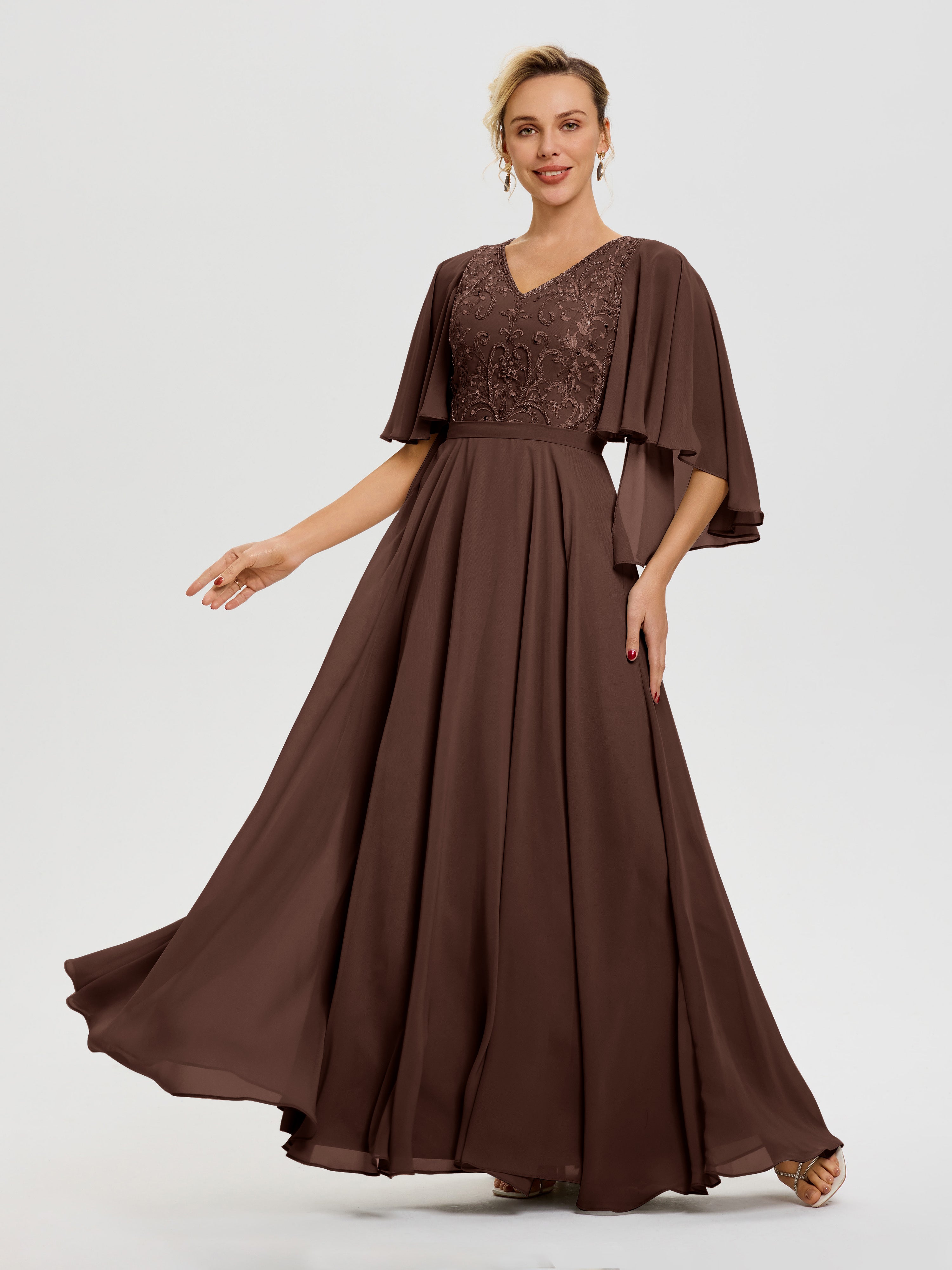 Robe Mère De La Mariée Chocolat Col V Mousseline & Dentelle Robe Mère De Mariée Manches À Volants