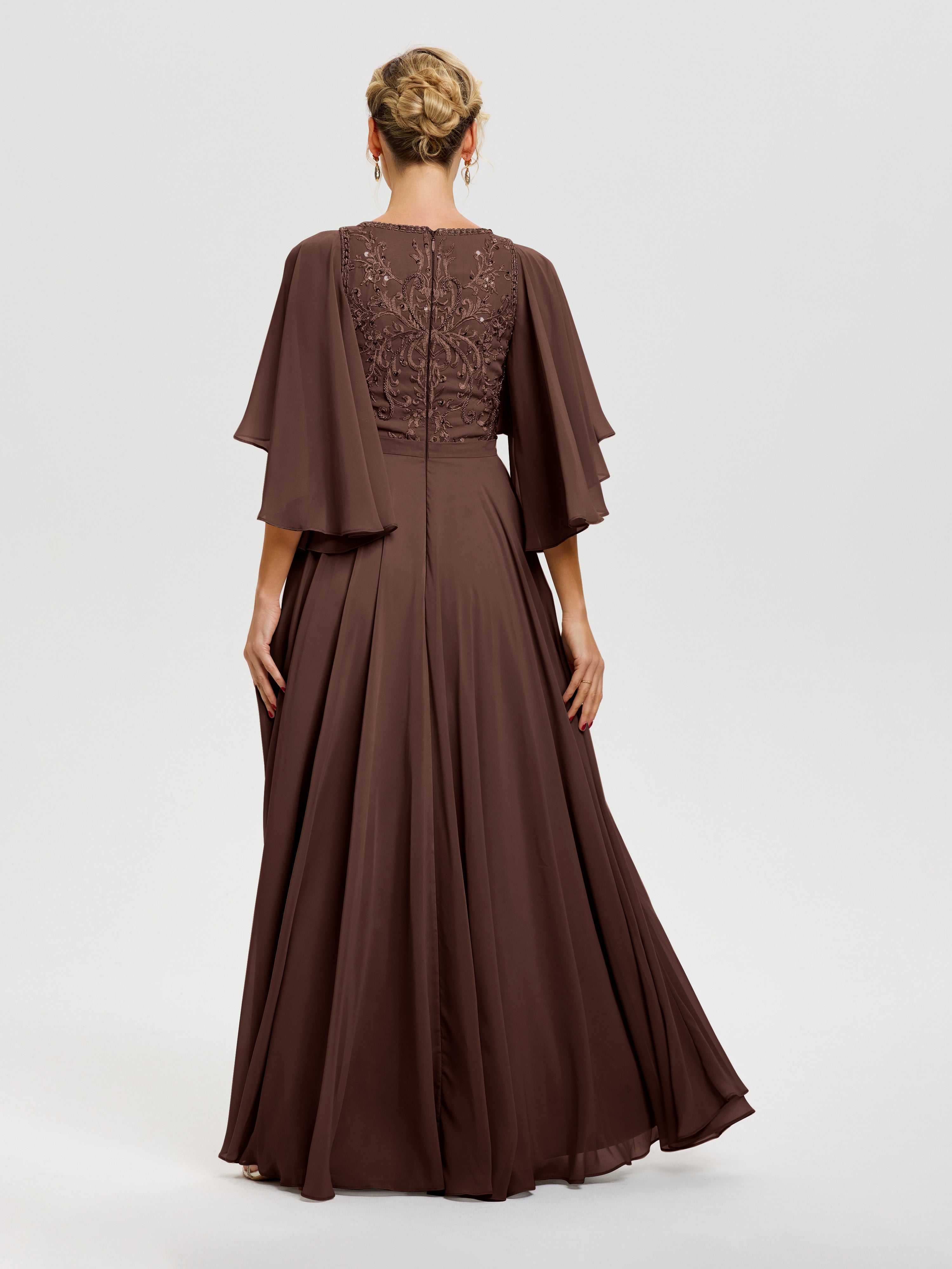 Robe Mère De La Mariée Chocolat Col V Mousseline & Dentelle Robe Mère De Mariée Manches À Volants