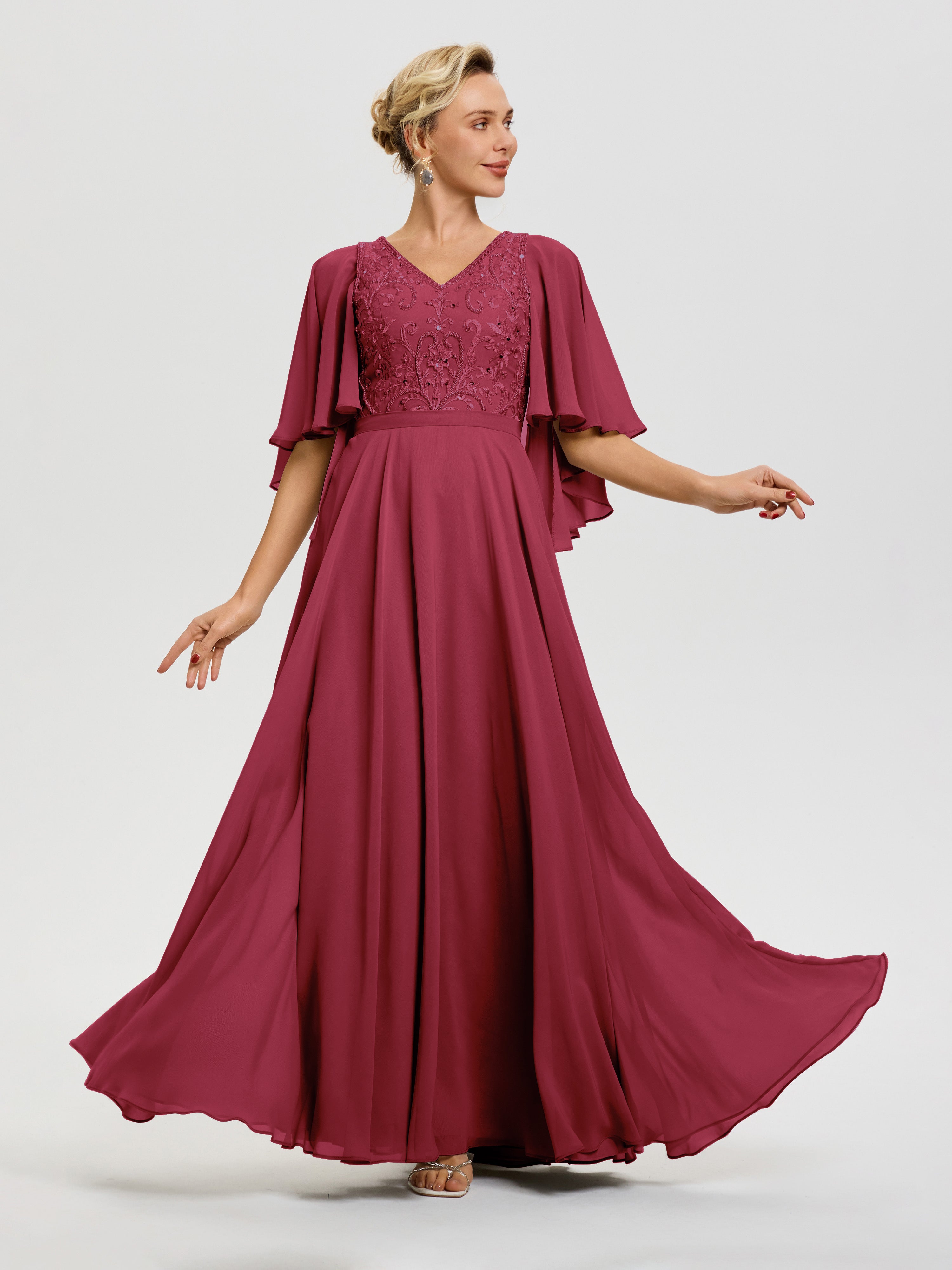 Robe De Cérémonie Mère Du Marié Rose Cannelle Col V Mousseline & Dentelle Robe Mère De Mariée Manches À Volants