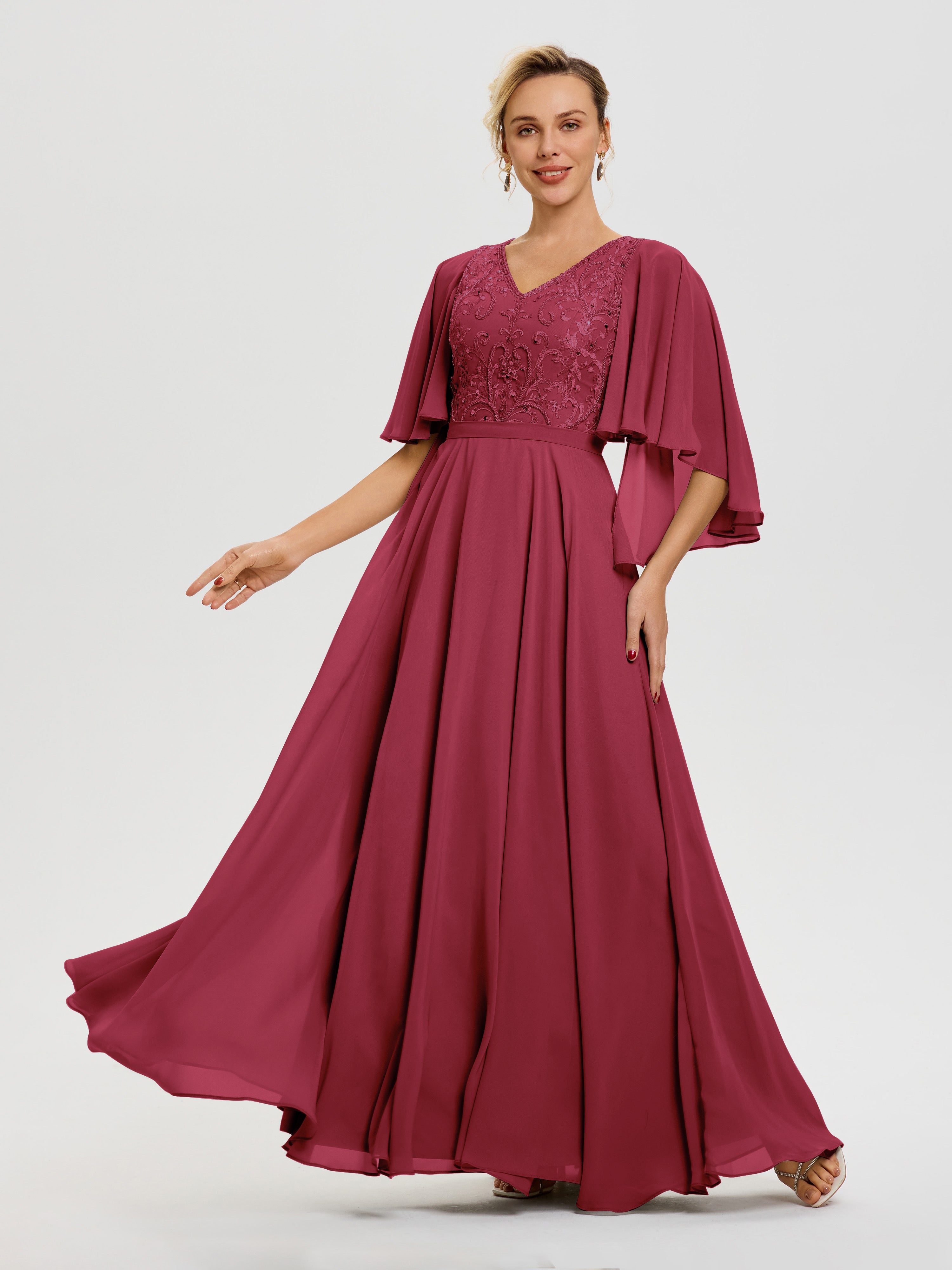 Robe De Cérémonie Mère Du Marié Rose Cannelle Col V Mousseline & Dentelle Robe Mère De Mariée Manches À Volants