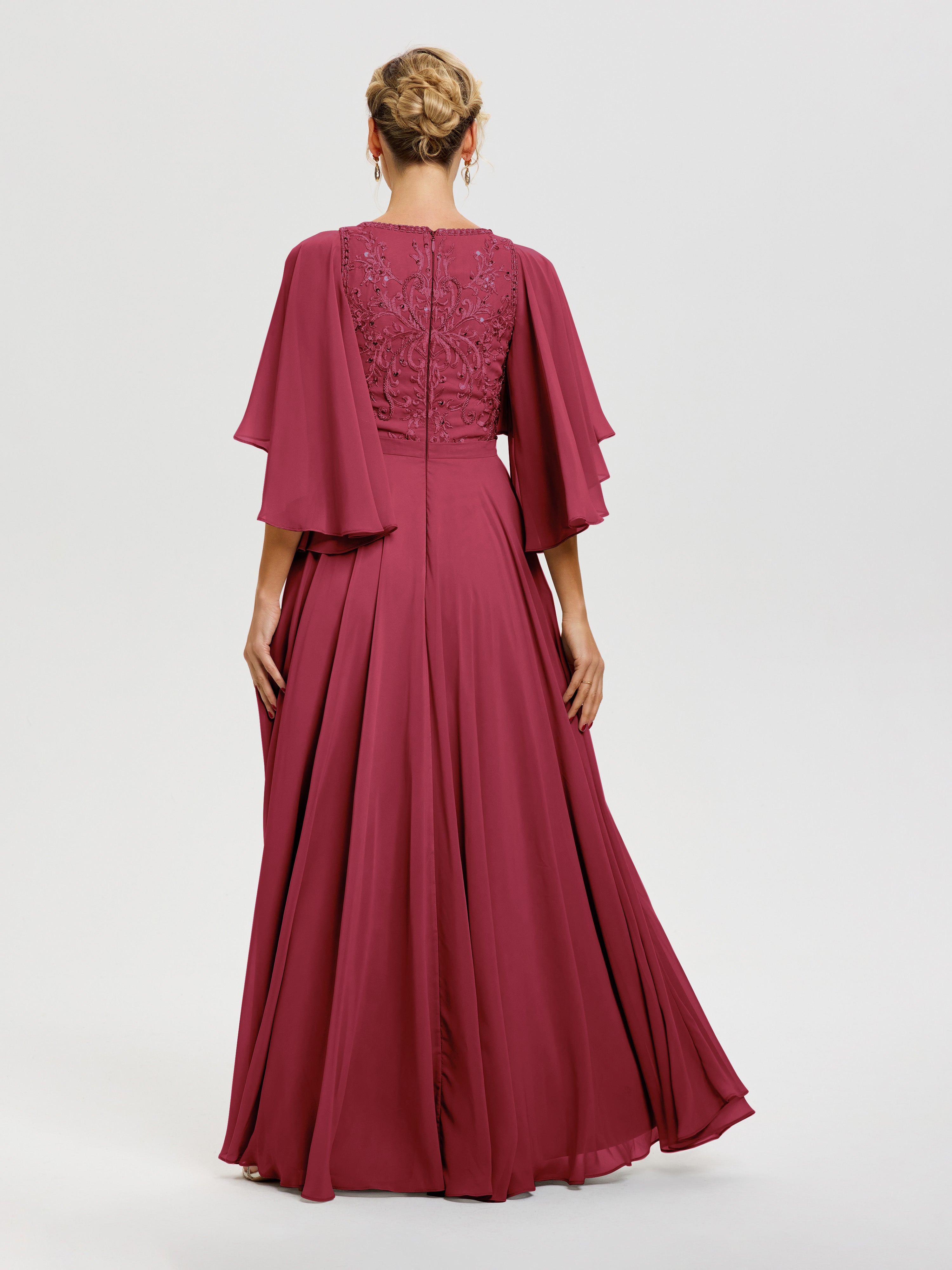 Robe De Cérémonie Mère Du Marié Rose Cannelle Col V Mousseline & Dentelle Robe Mère De Mariée Manches À Volants