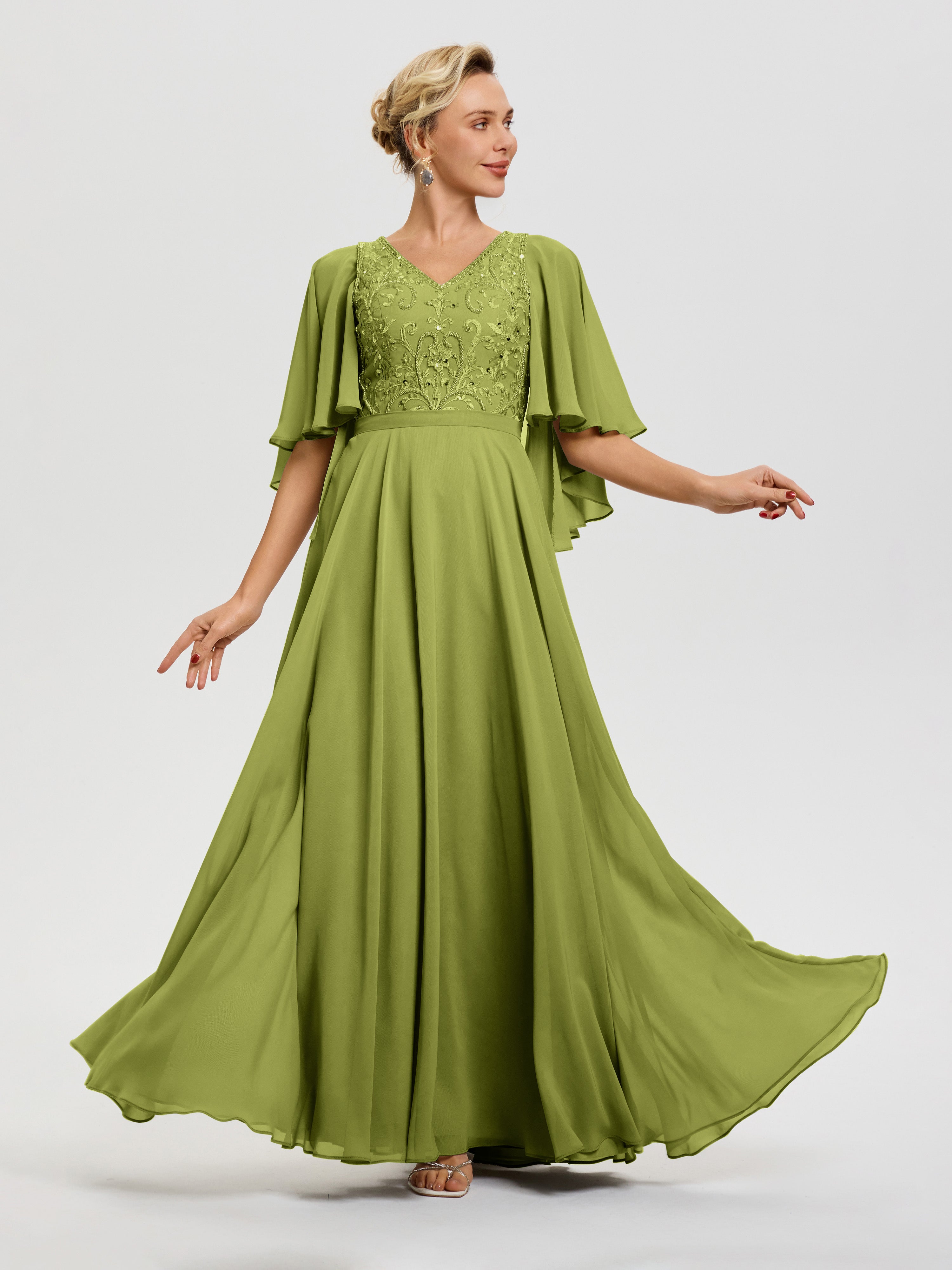 Robe Mère Mariée Moderne Trèfle Col V Mousseline & Dentelle Robe Mère De Mariée Manches À Volants