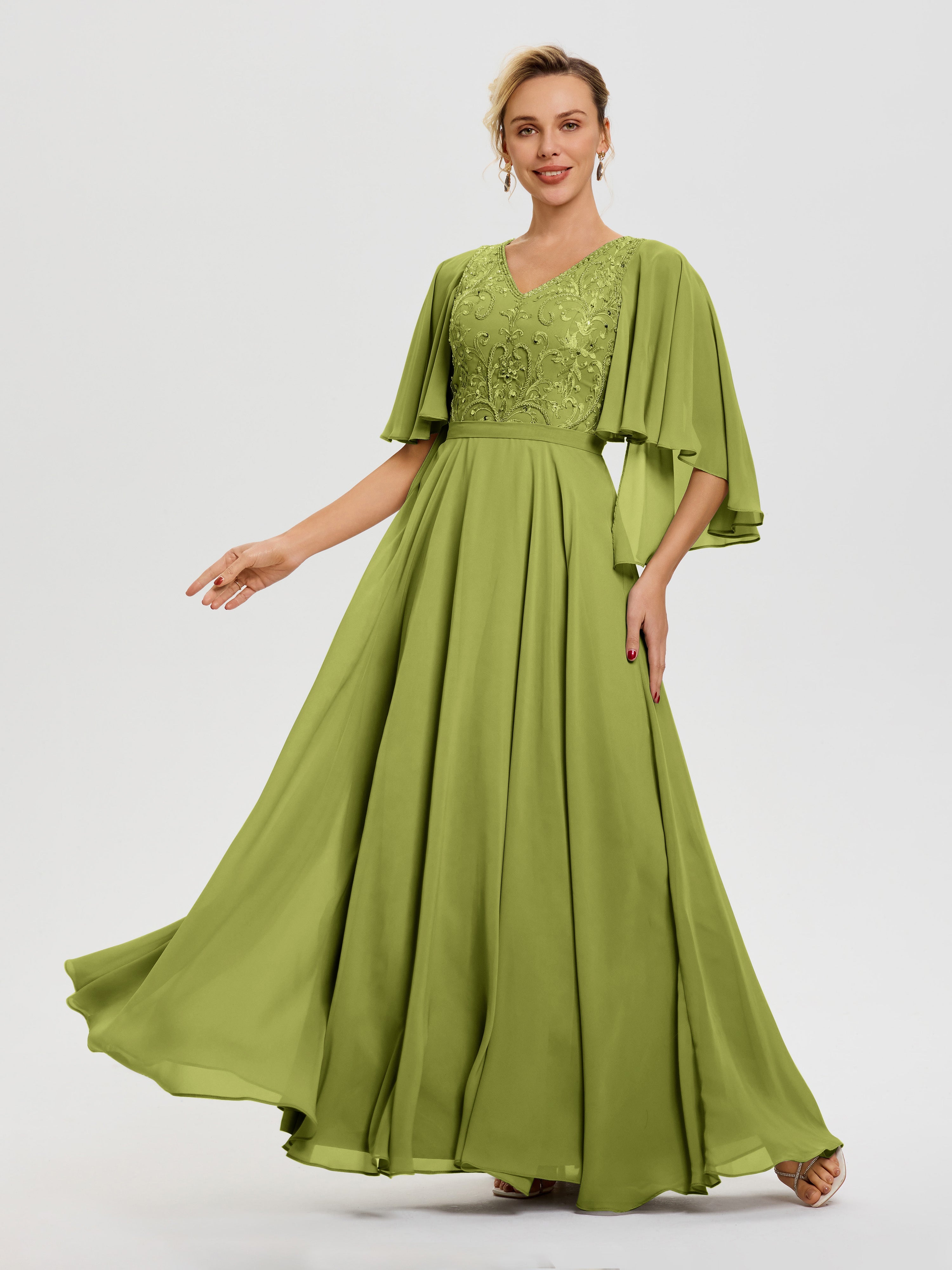 Robe Mère Mariée Moderne Trèfle Col V Mousseline & Dentelle Robe Mère De Mariée Manches À Volants