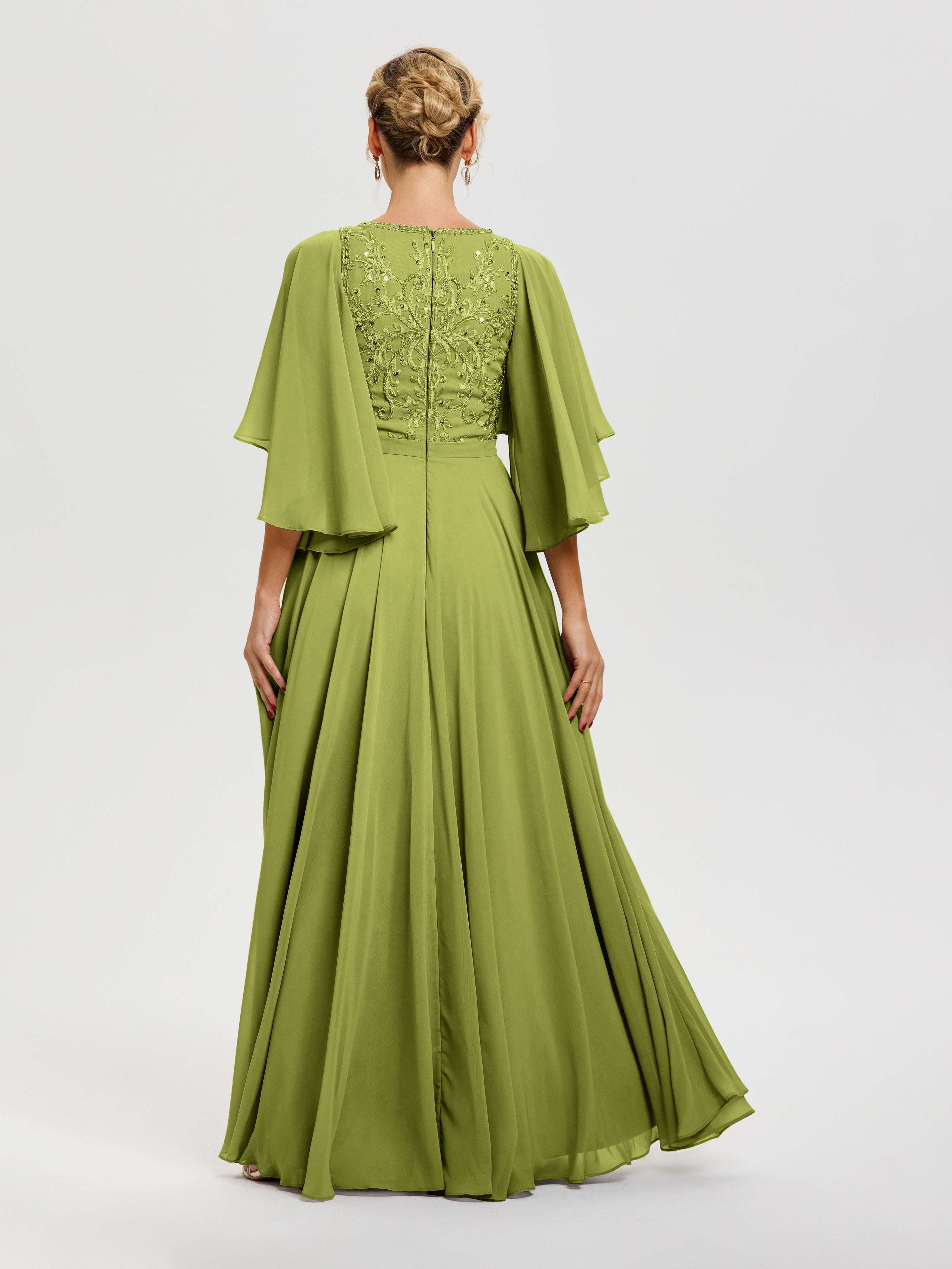 Robe Mère Mariée Moderne Trèfle Col V Mousseline & Dentelle Robe Mère De Mariée Manches À Volants