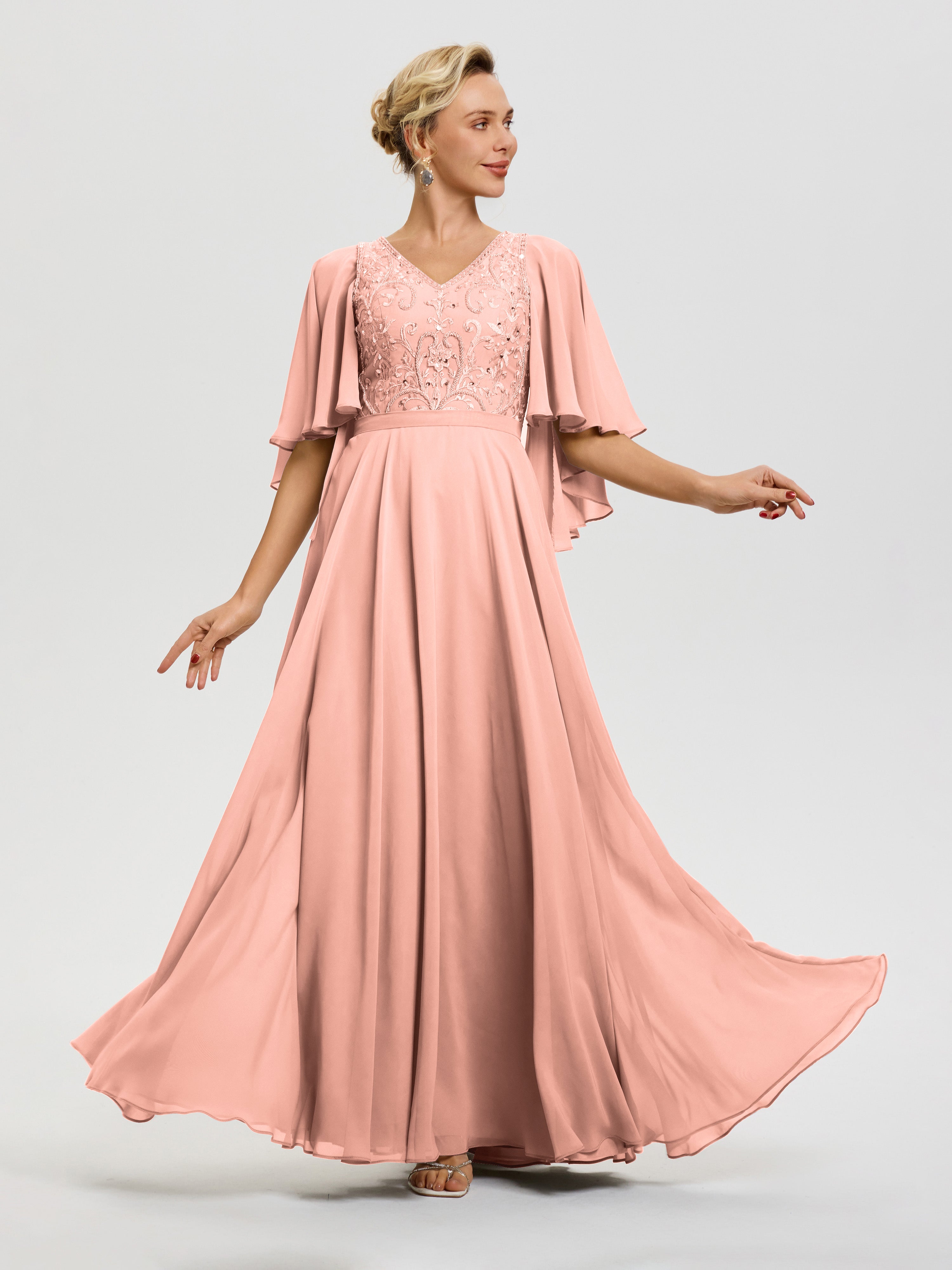 Robe Mère De La Mariée Moderne Corail Col V Mousseline & Dentelle Robe Mère De Mariée Manches À Volants