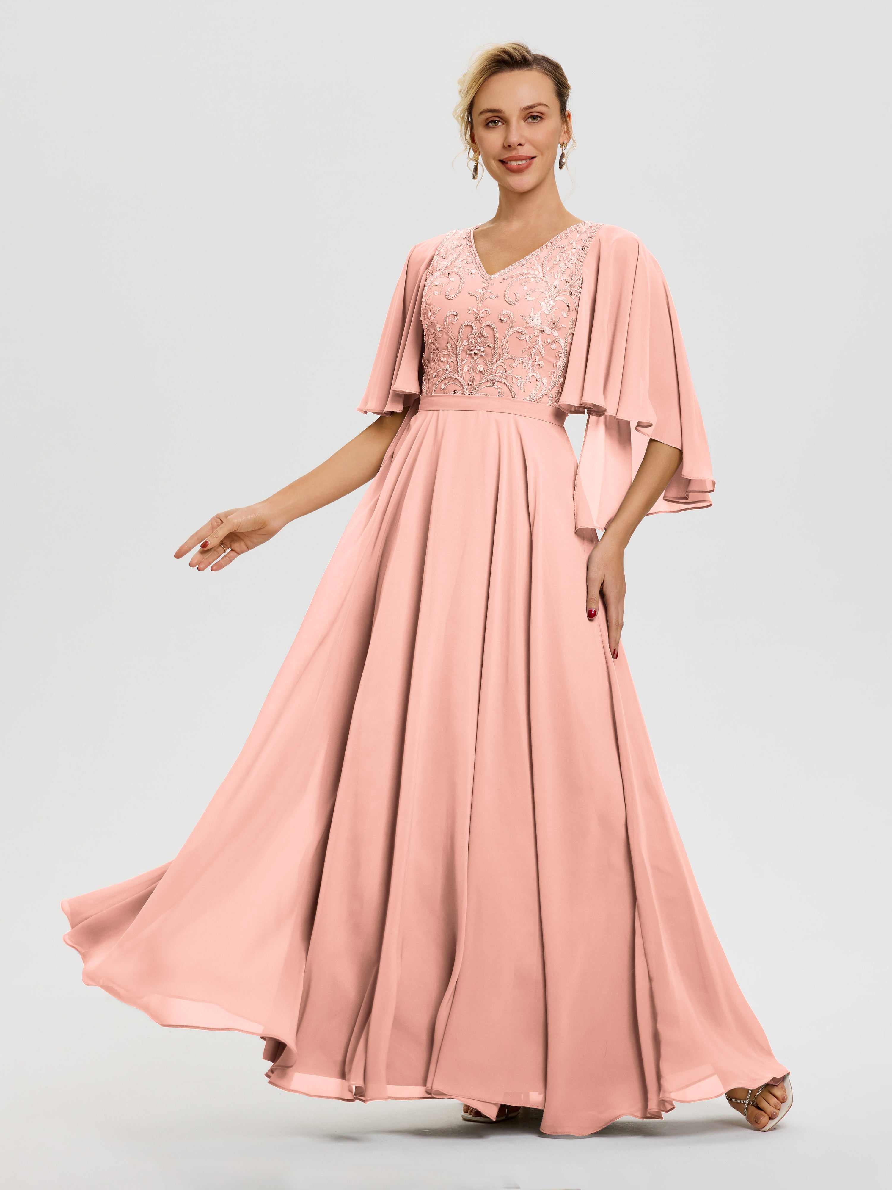 Robe Mère De La Mariée Moderne Corail Col V Mousseline & Dentelle Robe Mère De Mariée Manches À Volants