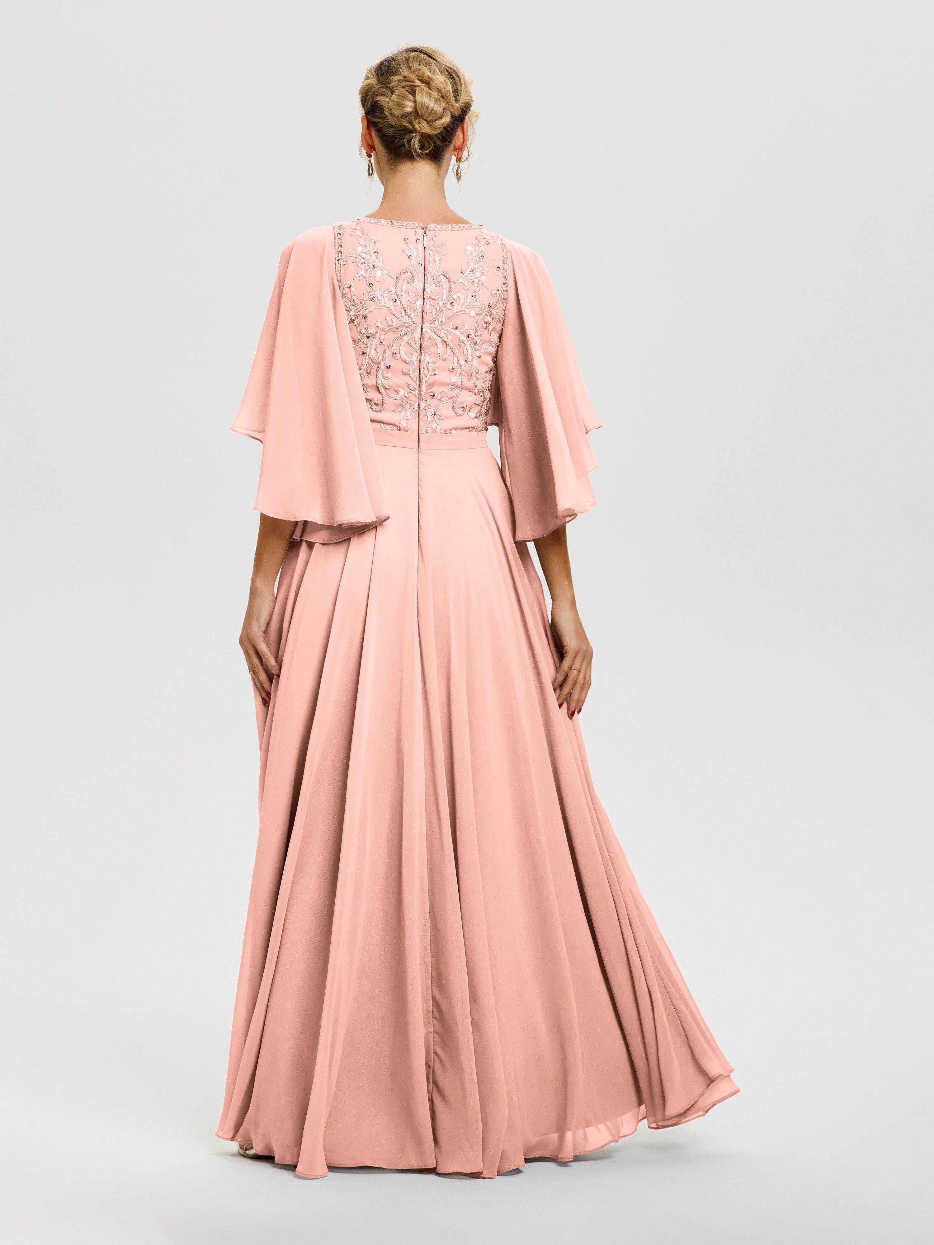 Robe Mère De La Mariée Moderne Corail Col V Mousseline & Dentelle Robe Mère De Mariée Manches À Volants