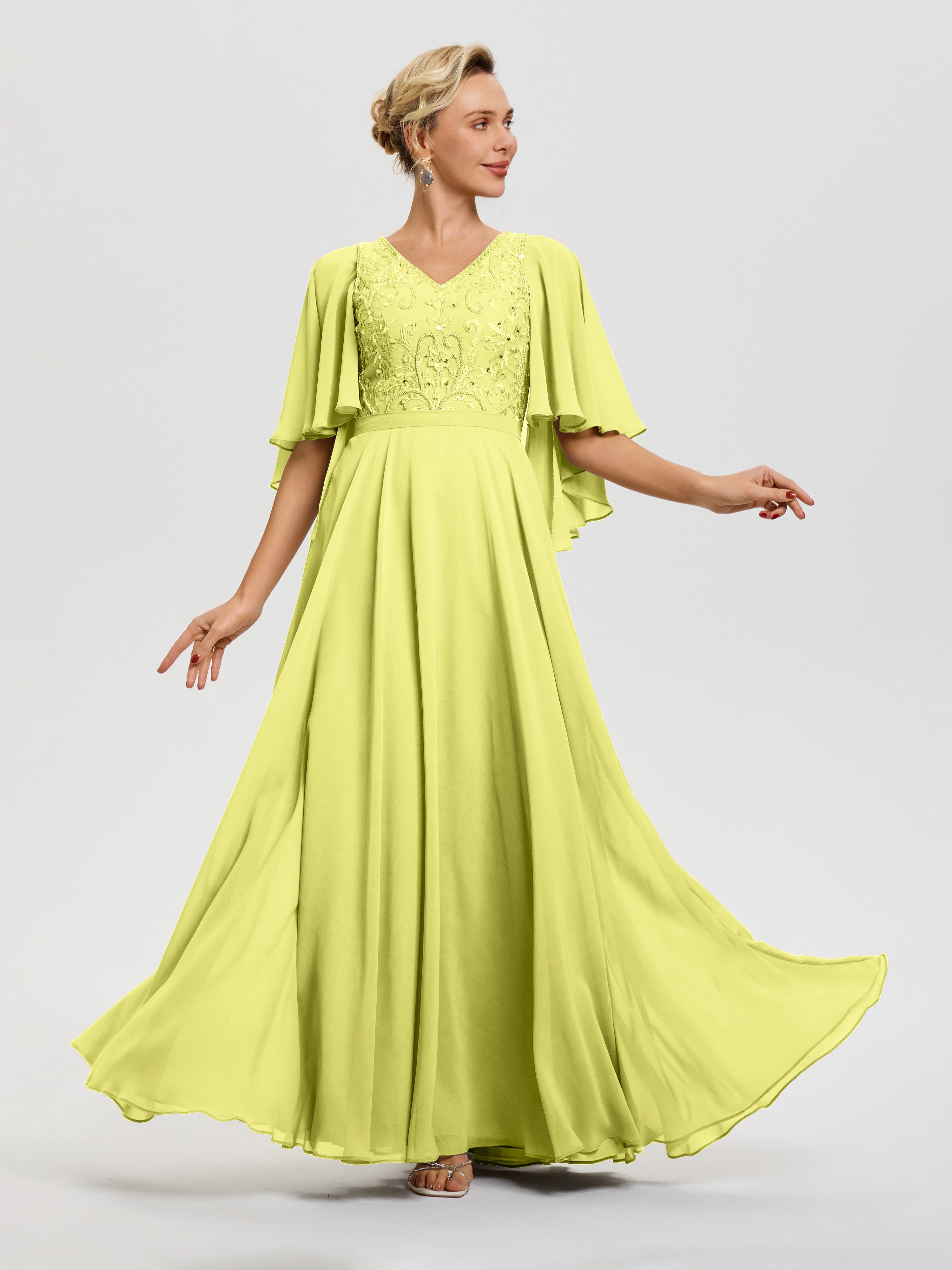 Robe Mariage Mère De La Mariée Jonquille Col V Mousseline & Dentelle Robe Mère De Mariée Manches À Volants