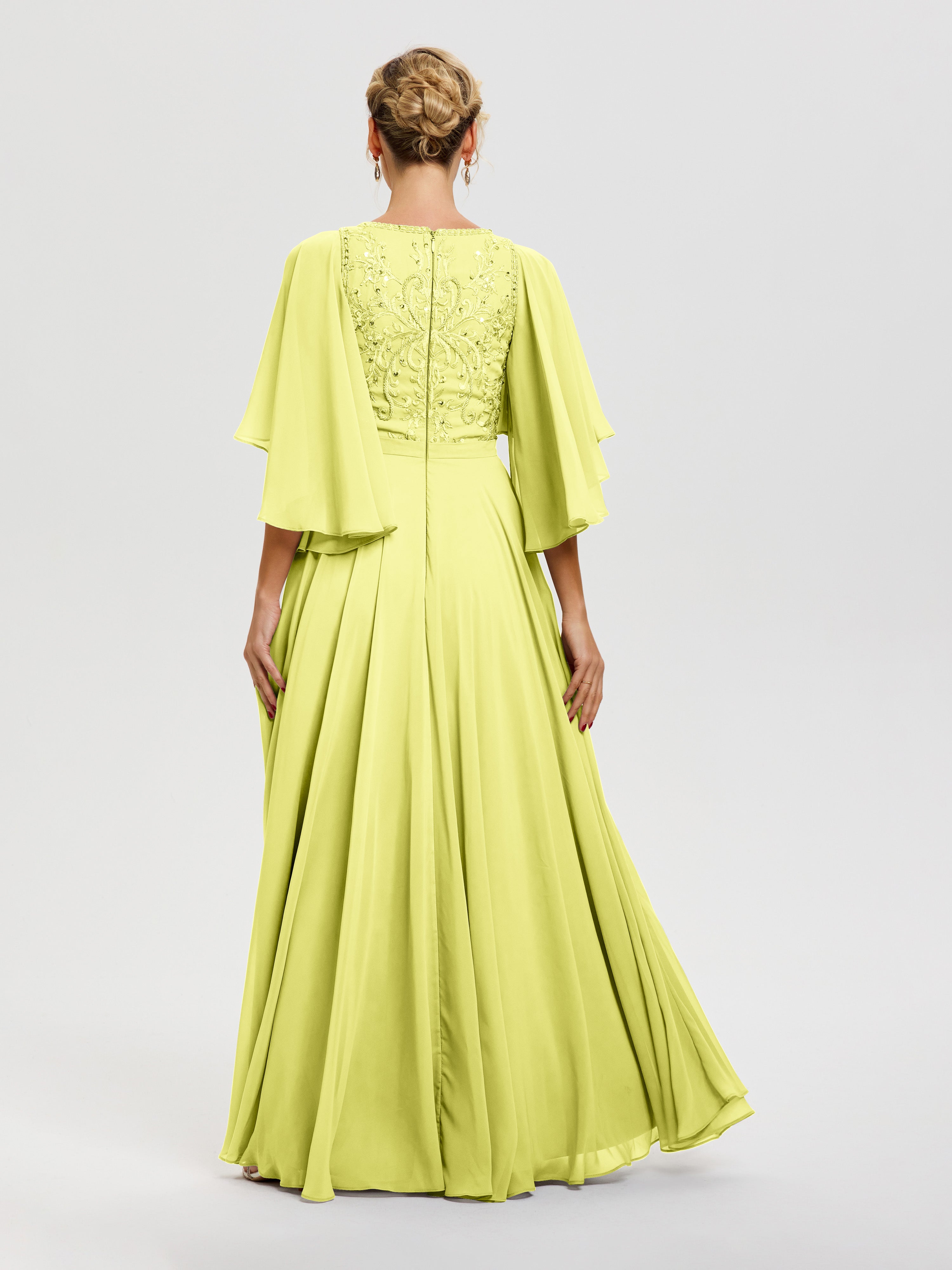 Robe Mariage Mère De La Mariée Jonquille Col V Mousseline & Dentelle Robe Mère De Mariée Manches À Volants