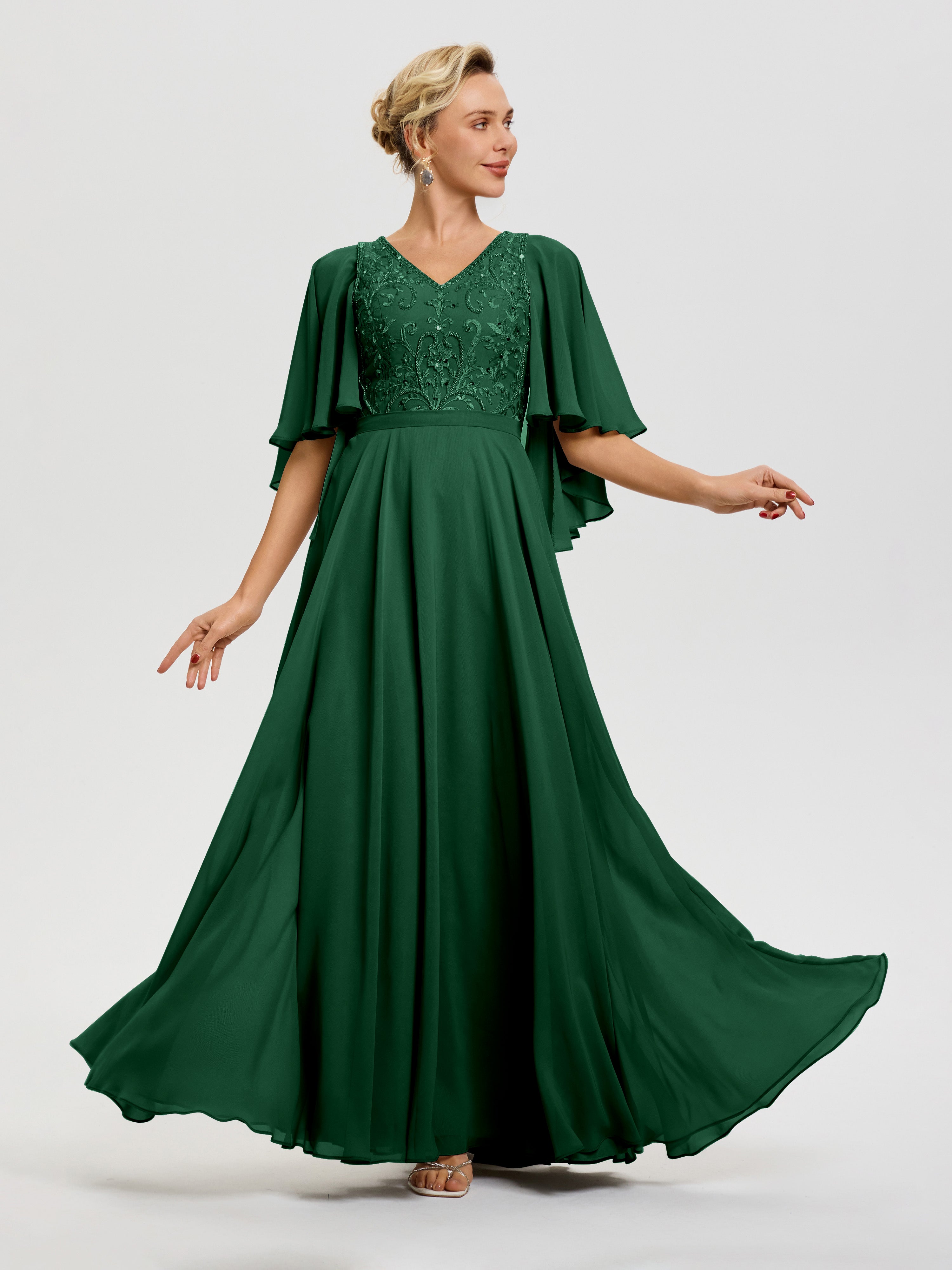 Robes Mères De La Mariée Vert Foncé Col V Mousseline & Dentelle Robe Mère De Mariée Manches À Volants