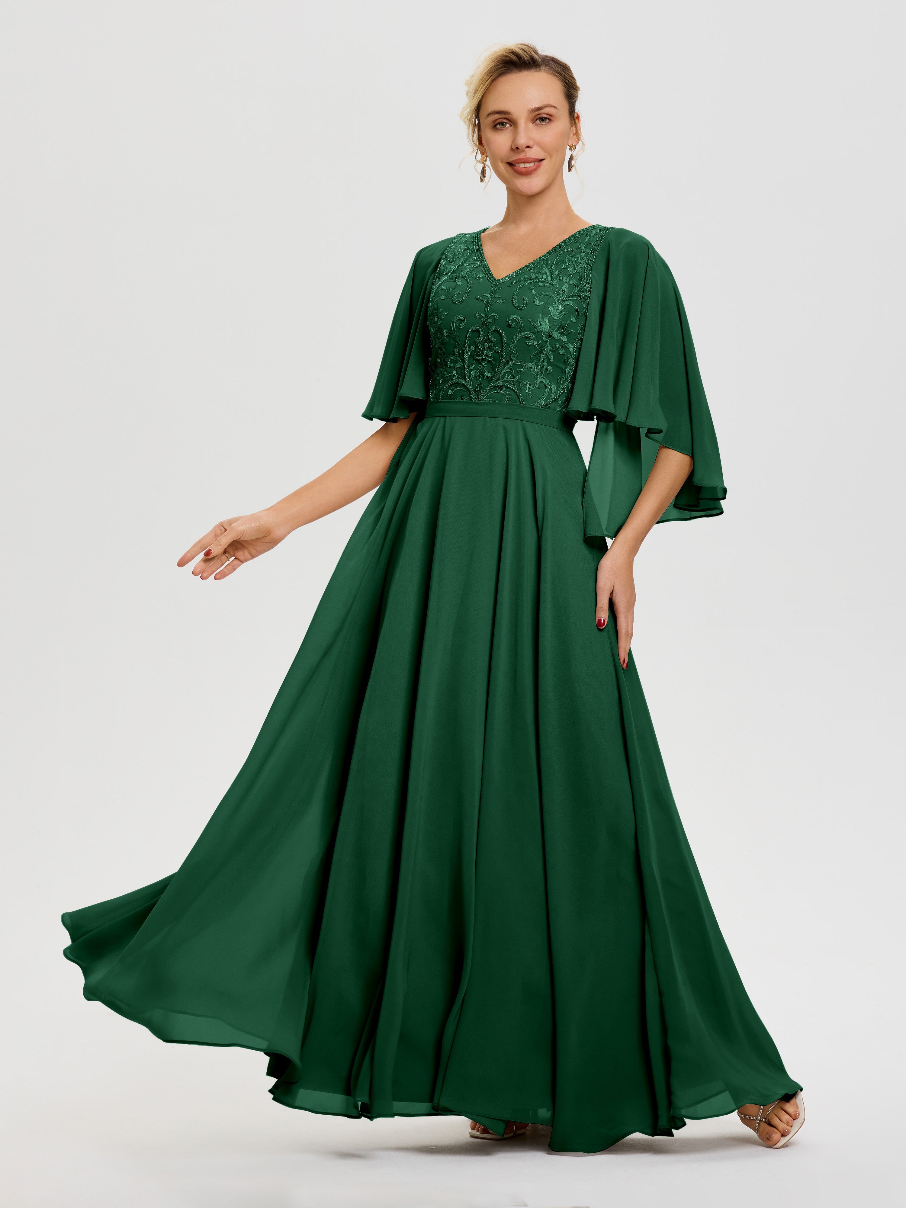 Robes Mères De La Mariée Vert Foncé Col V Mousseline & Dentelle Robe Mère De Mariée Manches À Volants