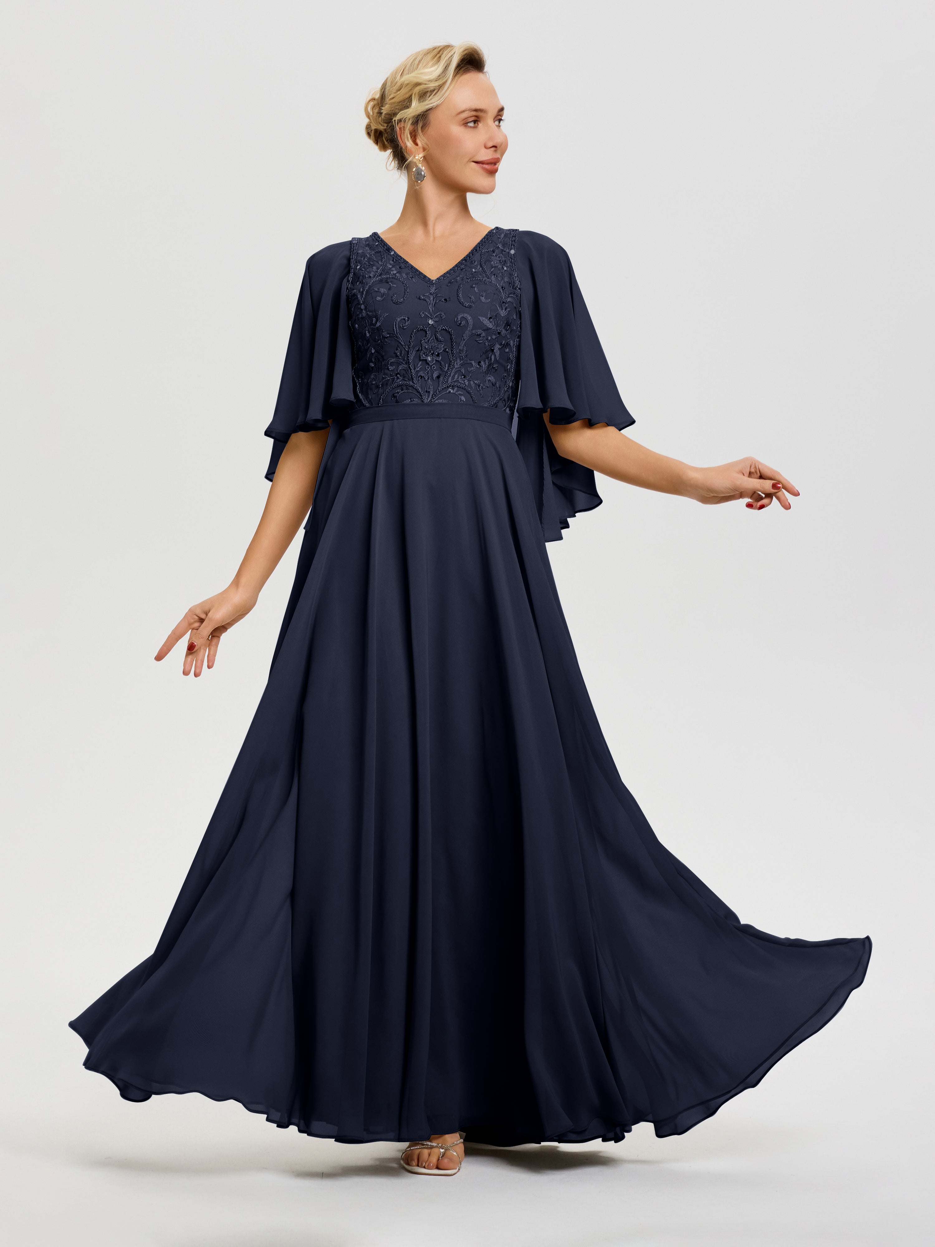 Robe Mere De La Mariee Bleu Marine Col V Mousseline & Dentelle Robe Mère De Mariée Manches À Volants