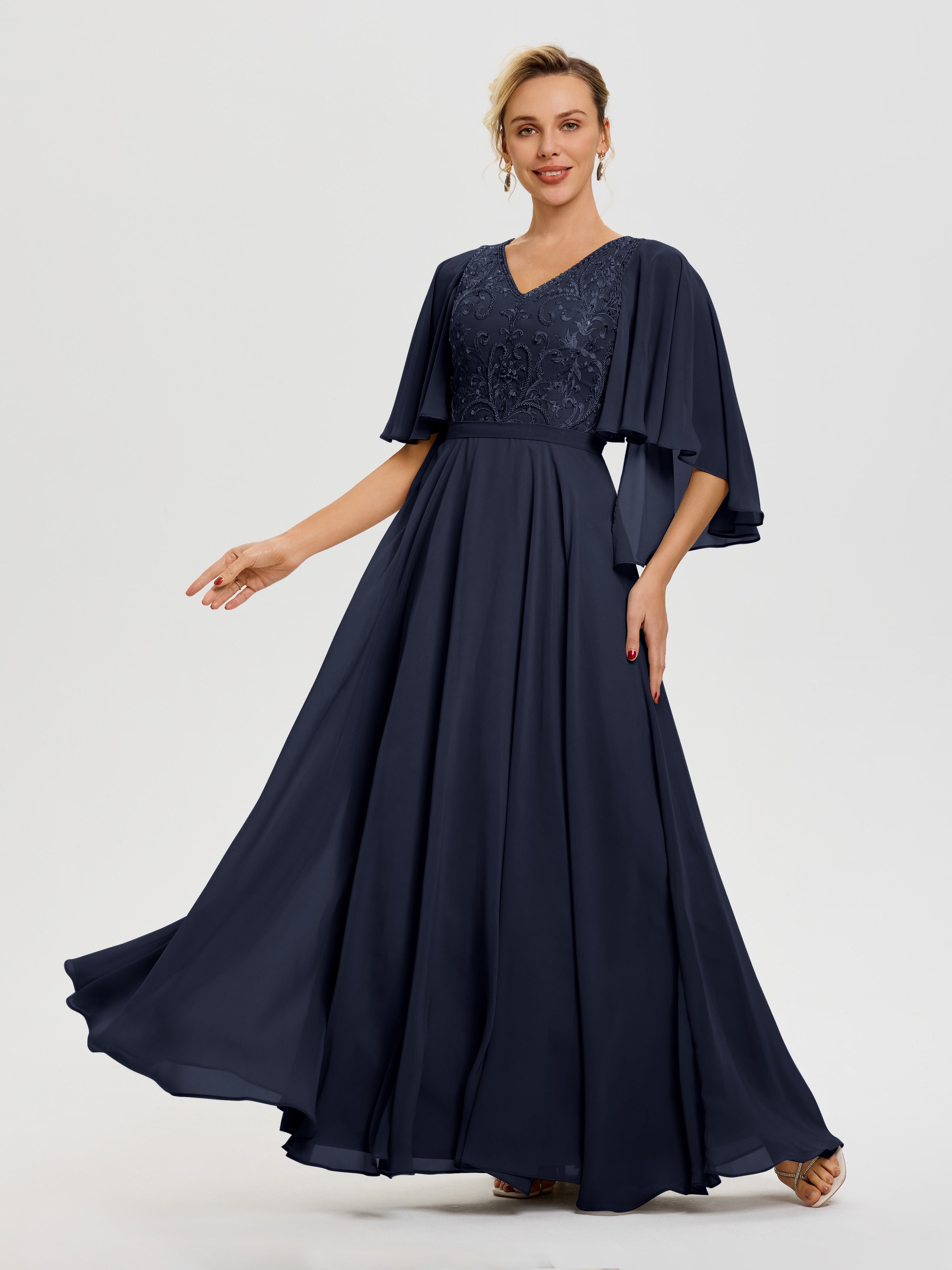 Robe Mere De La Mariee Bleu Marine Col V Mousseline & Dentelle Robe Mère De Mariée Manches À Volants