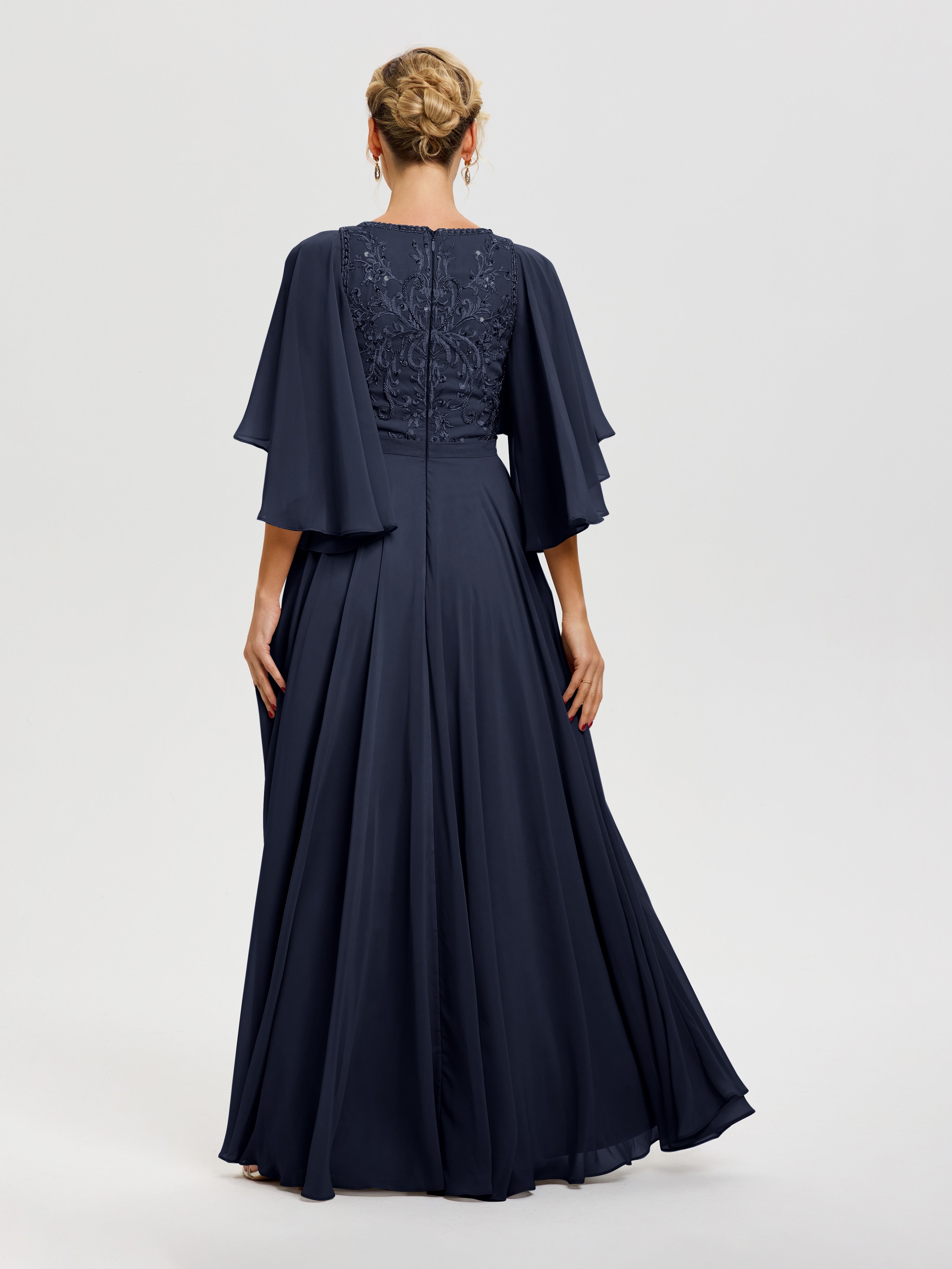 Robe Mere De La Mariee Bleu Marine Col V Mousseline & Dentelle Robe Mère De Mariée Manches À Volants