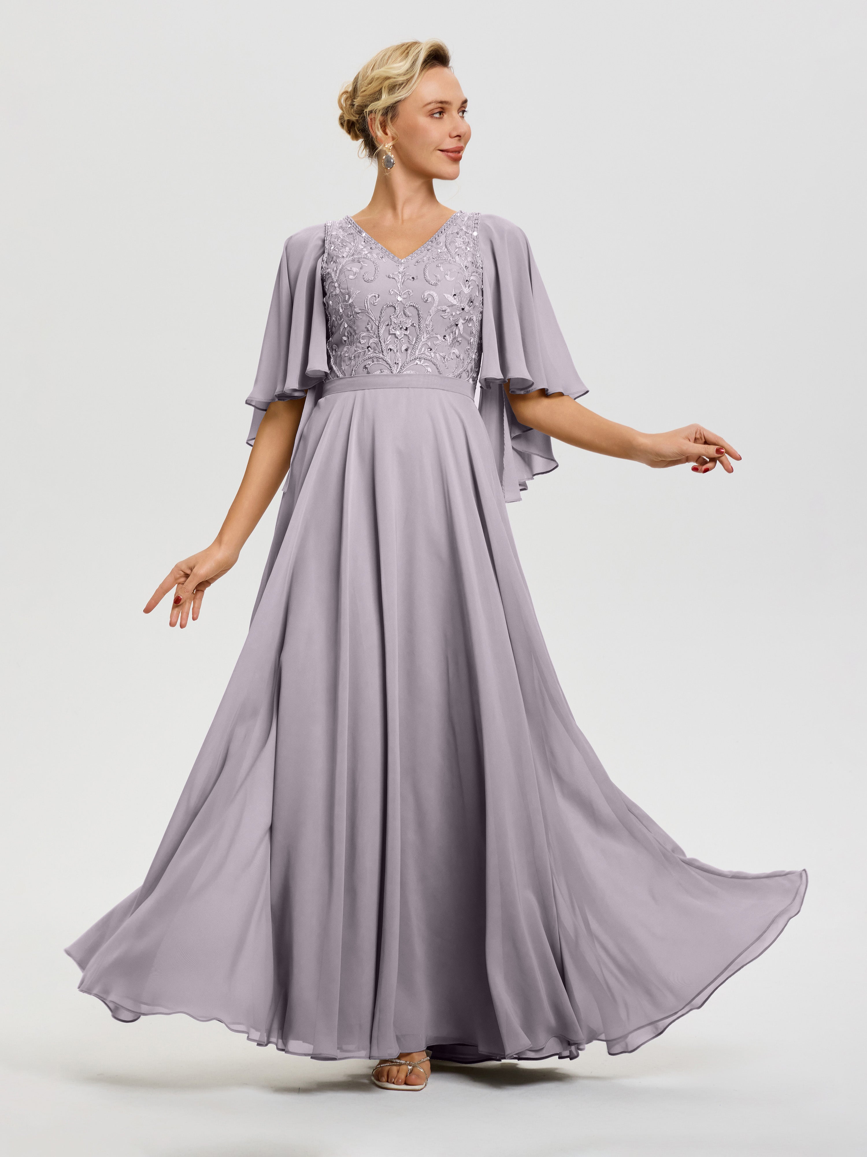 Robe Mère De Mariée Crépuscule Col V Mousseline & Dentelle Robe Mère De Mariée Manches À Volants