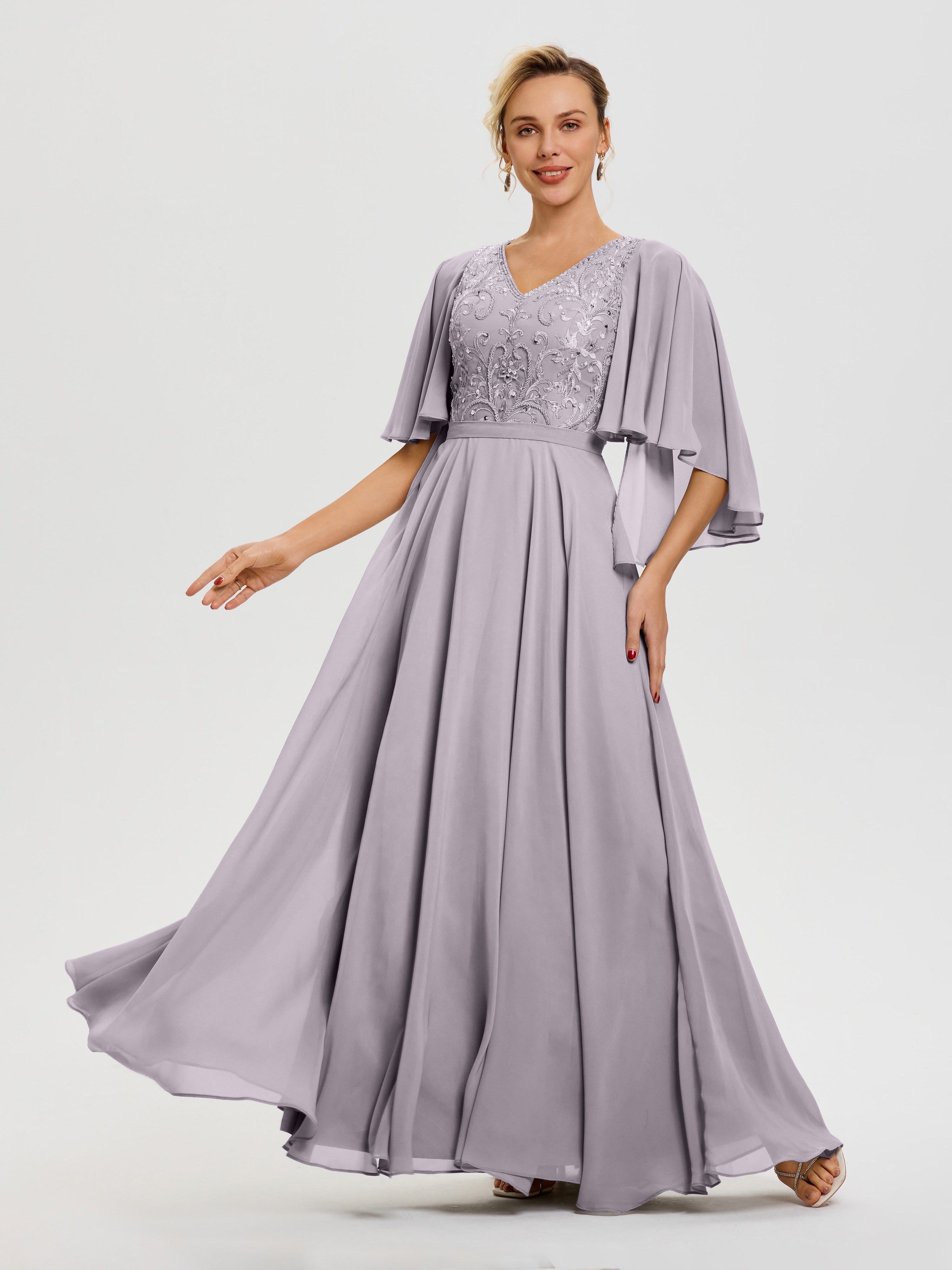 Robe Mère De Mariée Crépuscule Col V Mousseline & Dentelle Robe Mère De Mariée Manches À Volants