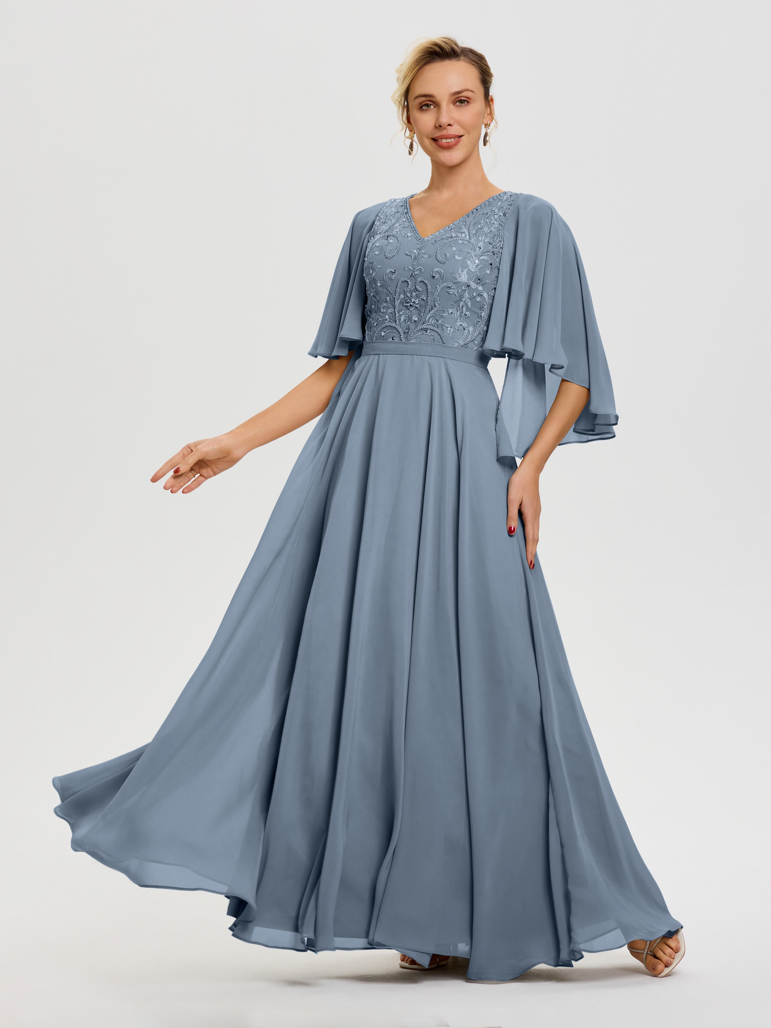 Robe Mère De La Mariée Moderne Bleu Poudré Col V Mousseline & Dentelle Robe Mère De Mariée Manches À Volants