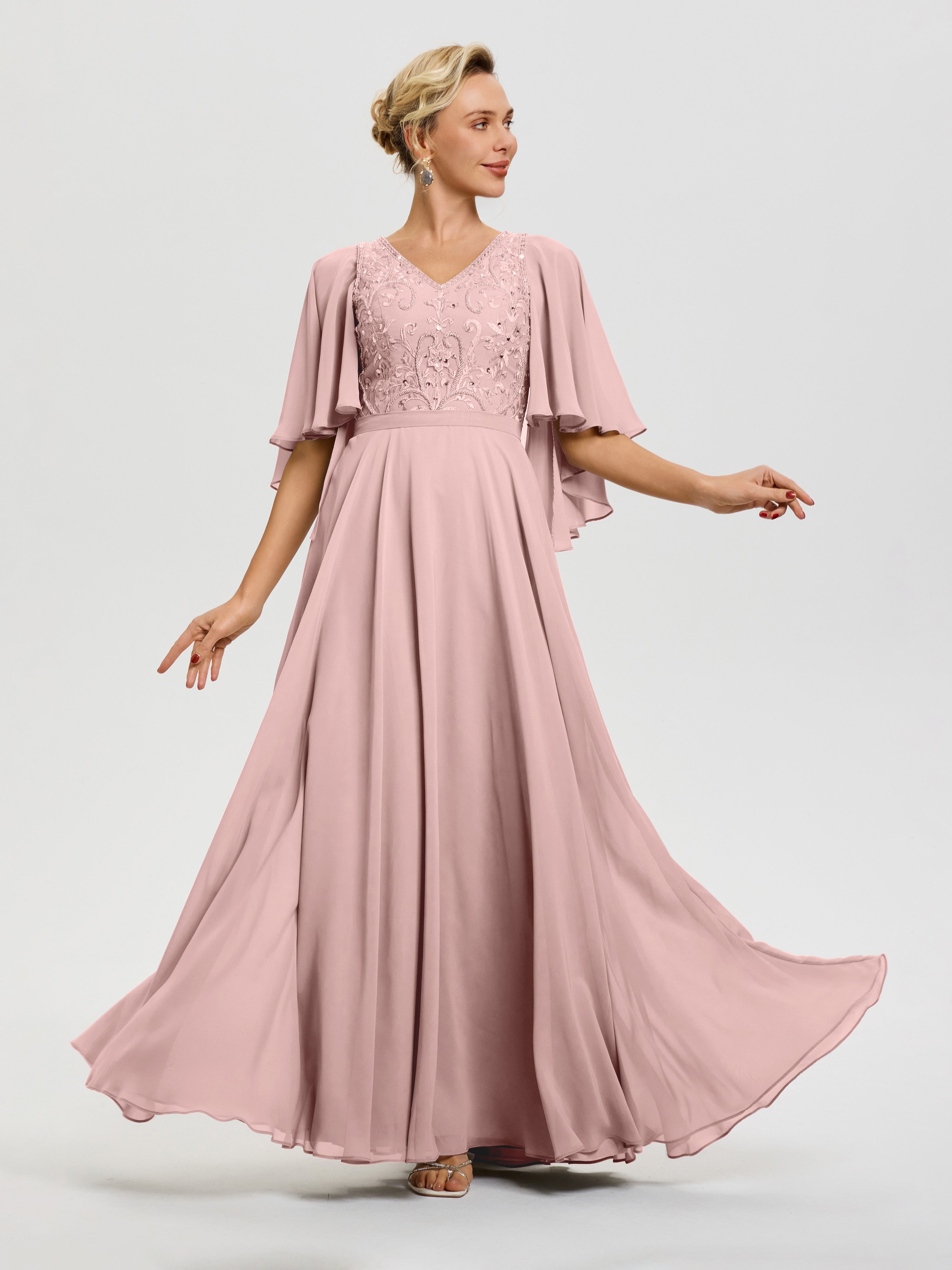 Robe Mere Dela Mariee Rose Poudré Col V Mousseline & Dentelle Robe Mère De Mariée Manches À Volants