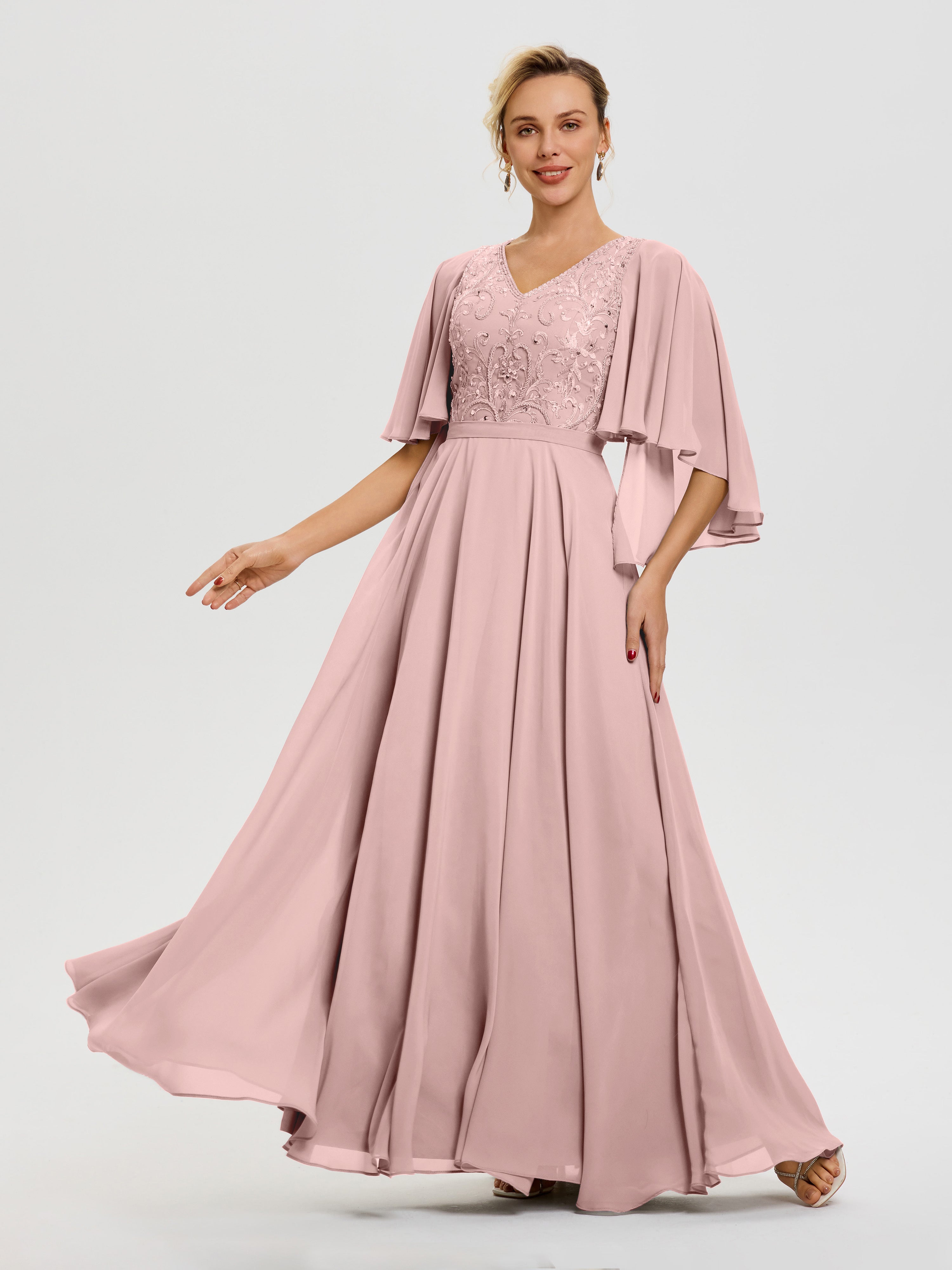 Robe Mere Dela Mariee Rose Poudré Col V Mousseline & Dentelle Robe Mère De Mariée Manches À Volants
