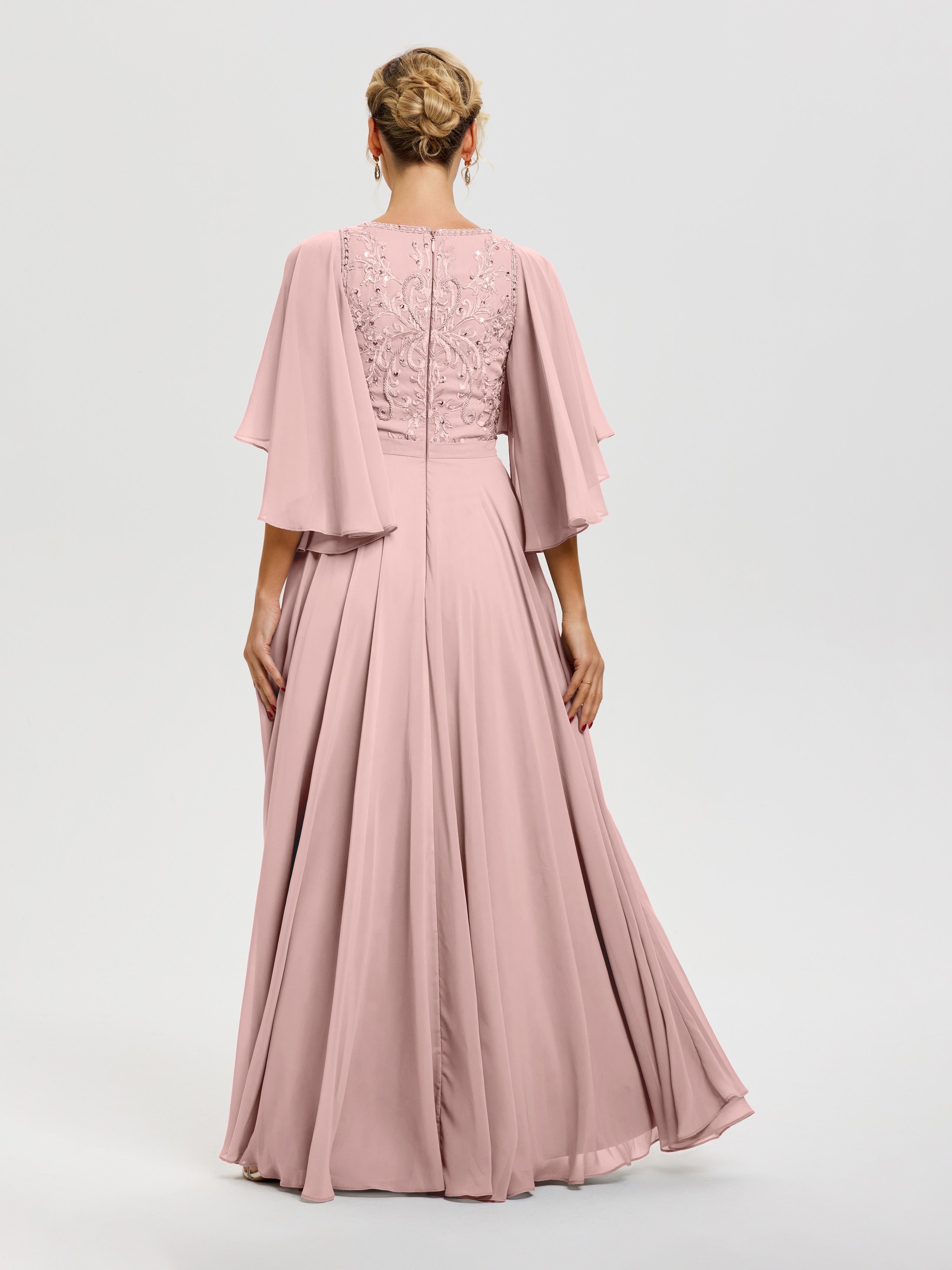 Robe Mere Dela Mariee Rose Poudré Col V Mousseline & Dentelle Robe Mère De Mariée Manches À Volants