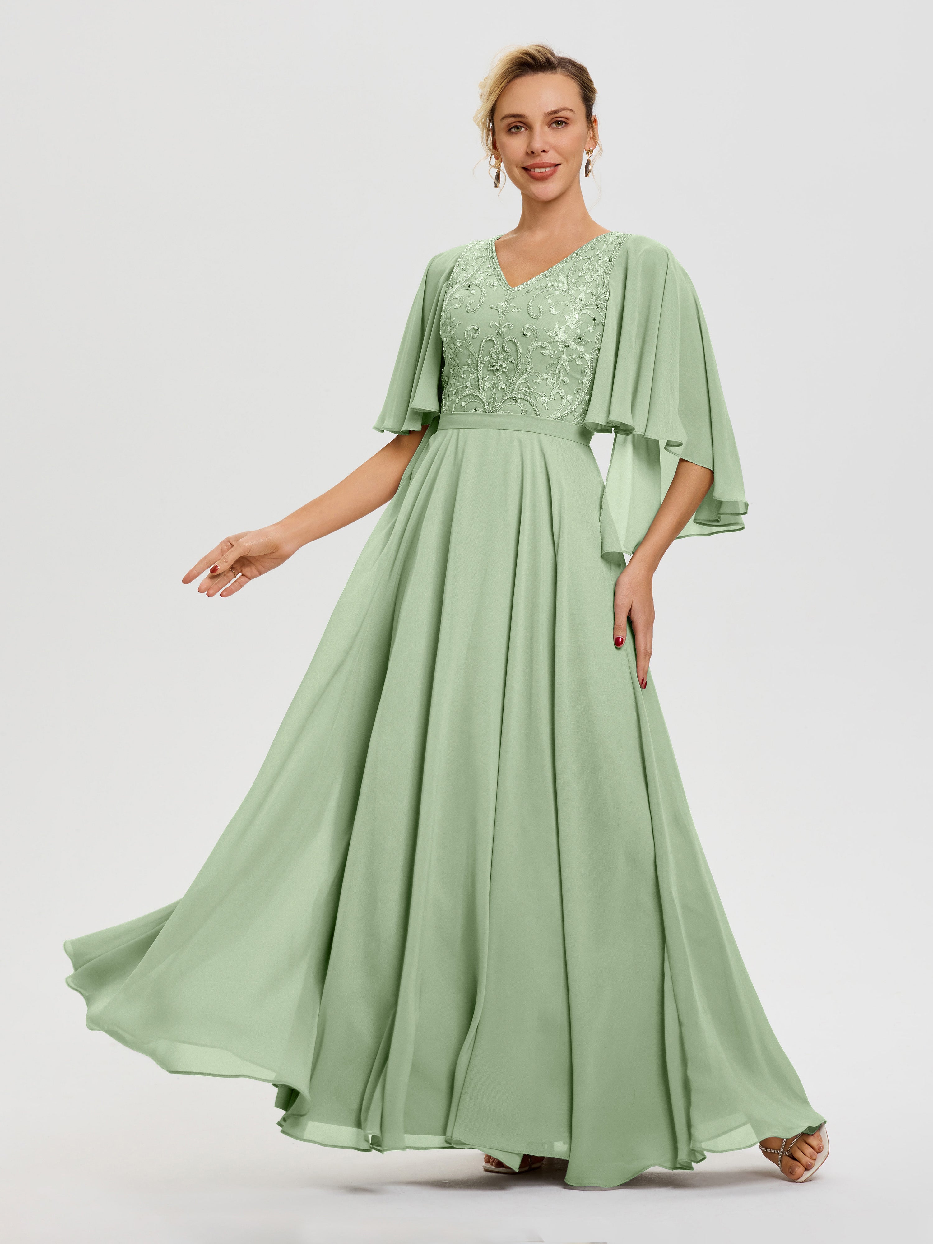 Robe Pour Mère De Mariée Sauge Poudrée Col V Mousseline & Dentelle Robe Mère De Mariée Manches À Volants