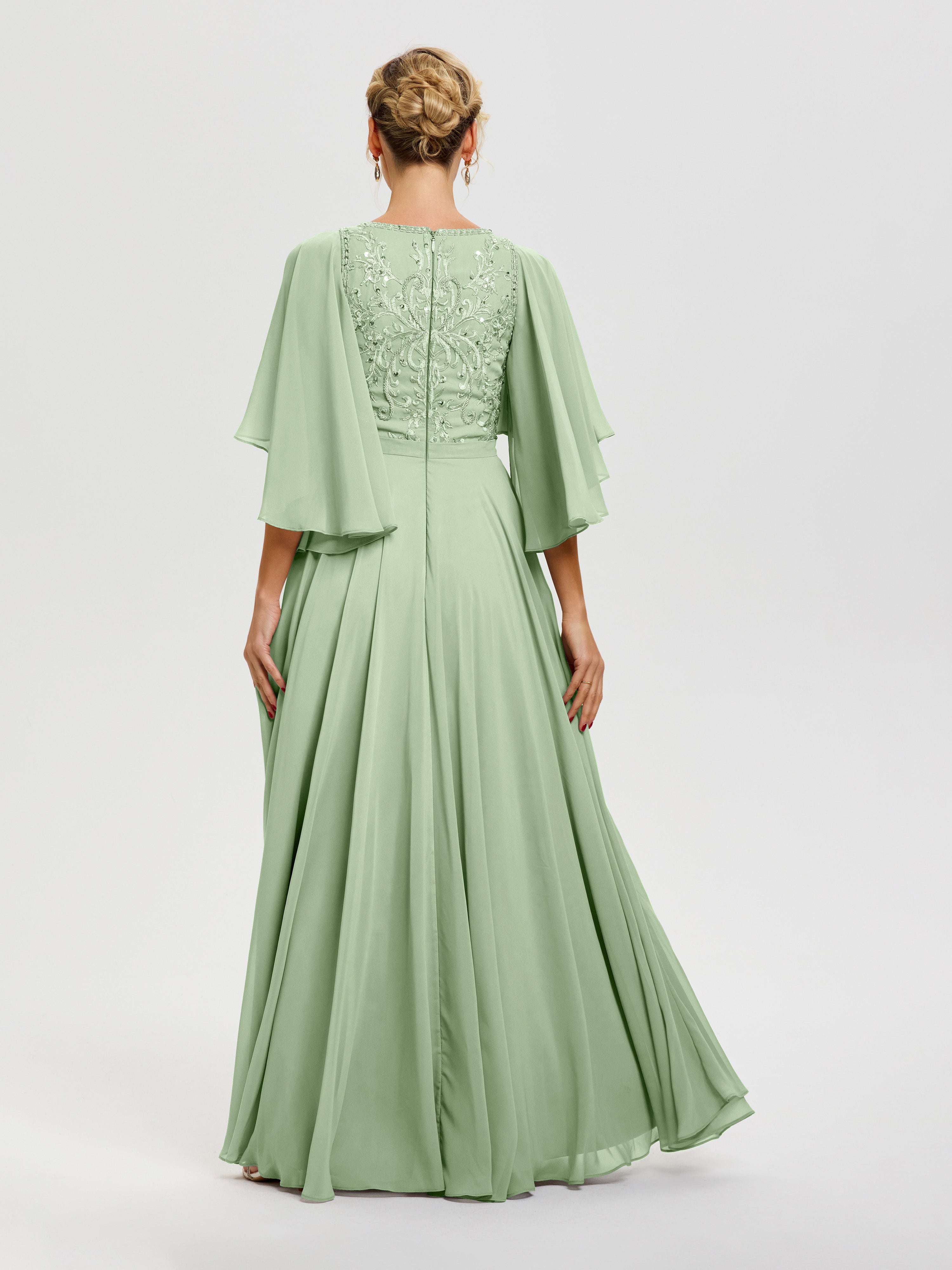 Robe Pour Mère De Mariée Sauge Poudrée Col V Mousseline & Dentelle Robe Mère De Mariée Manches À Volants