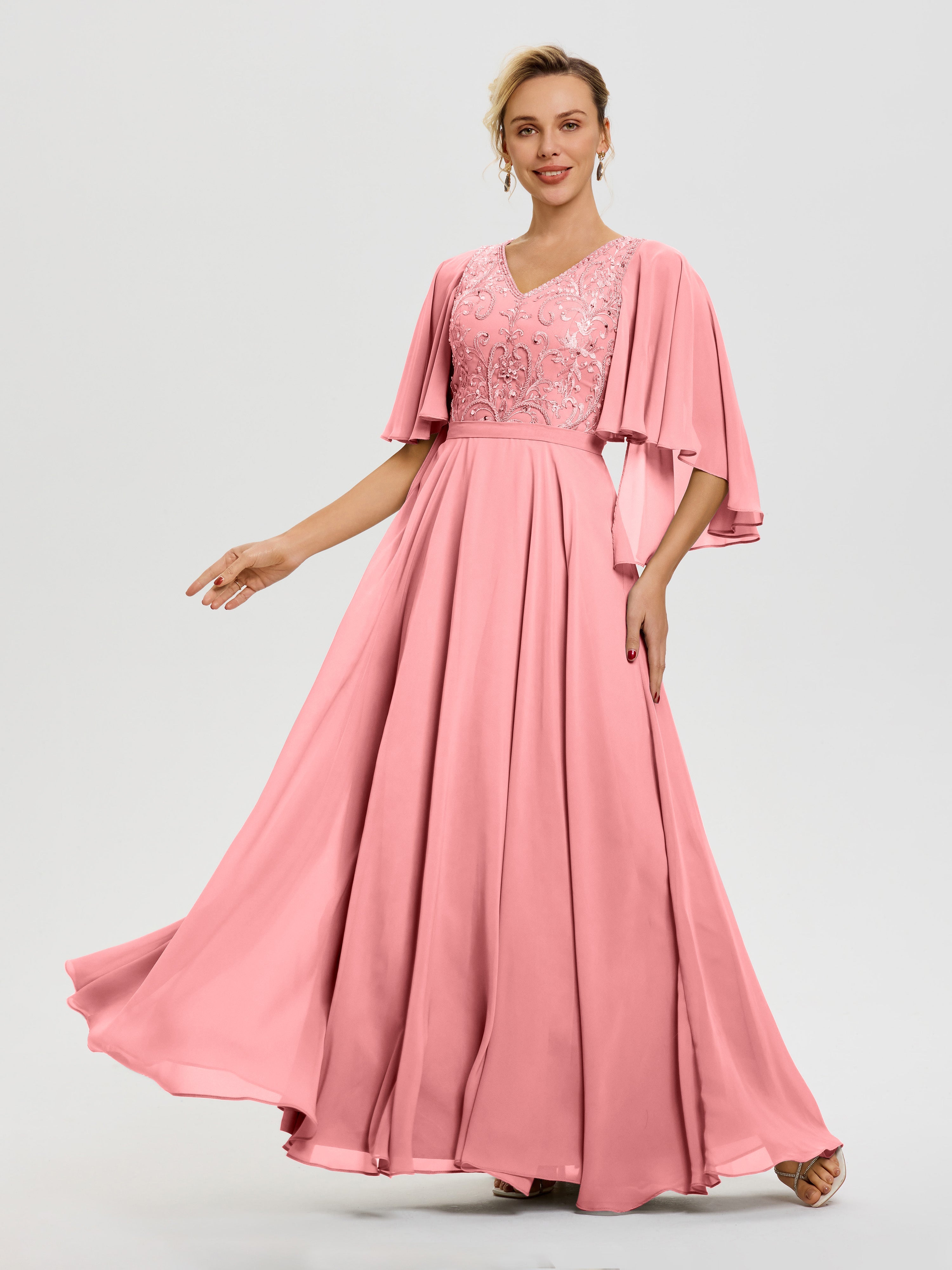 Robe Mère De Mariée Flamant Col V Mousseline & Dentelle Robe Mère De Mariée Manches À Volants