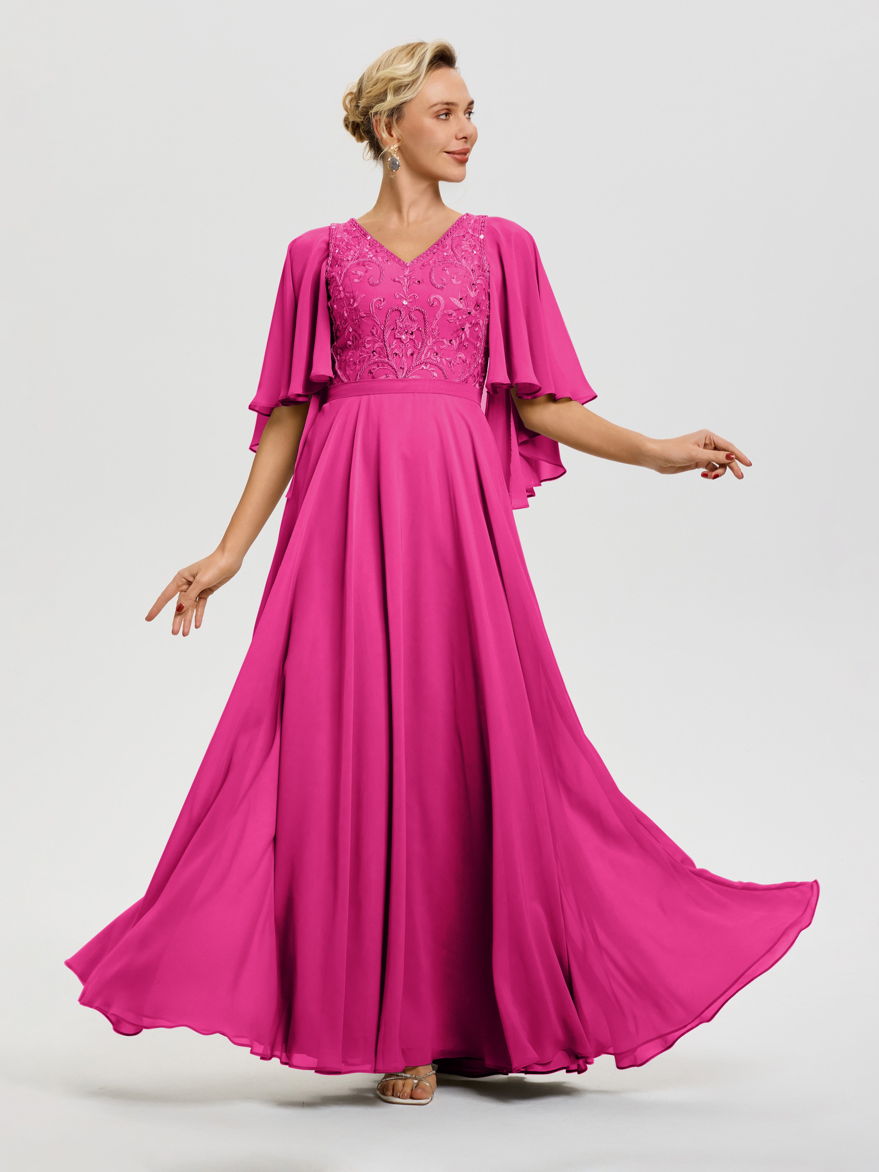 Robe Mariage Mère De La Mariée Fuchsia Col V Mousseline & Dentelle Robe Mère De Mariée Manches À Volants
