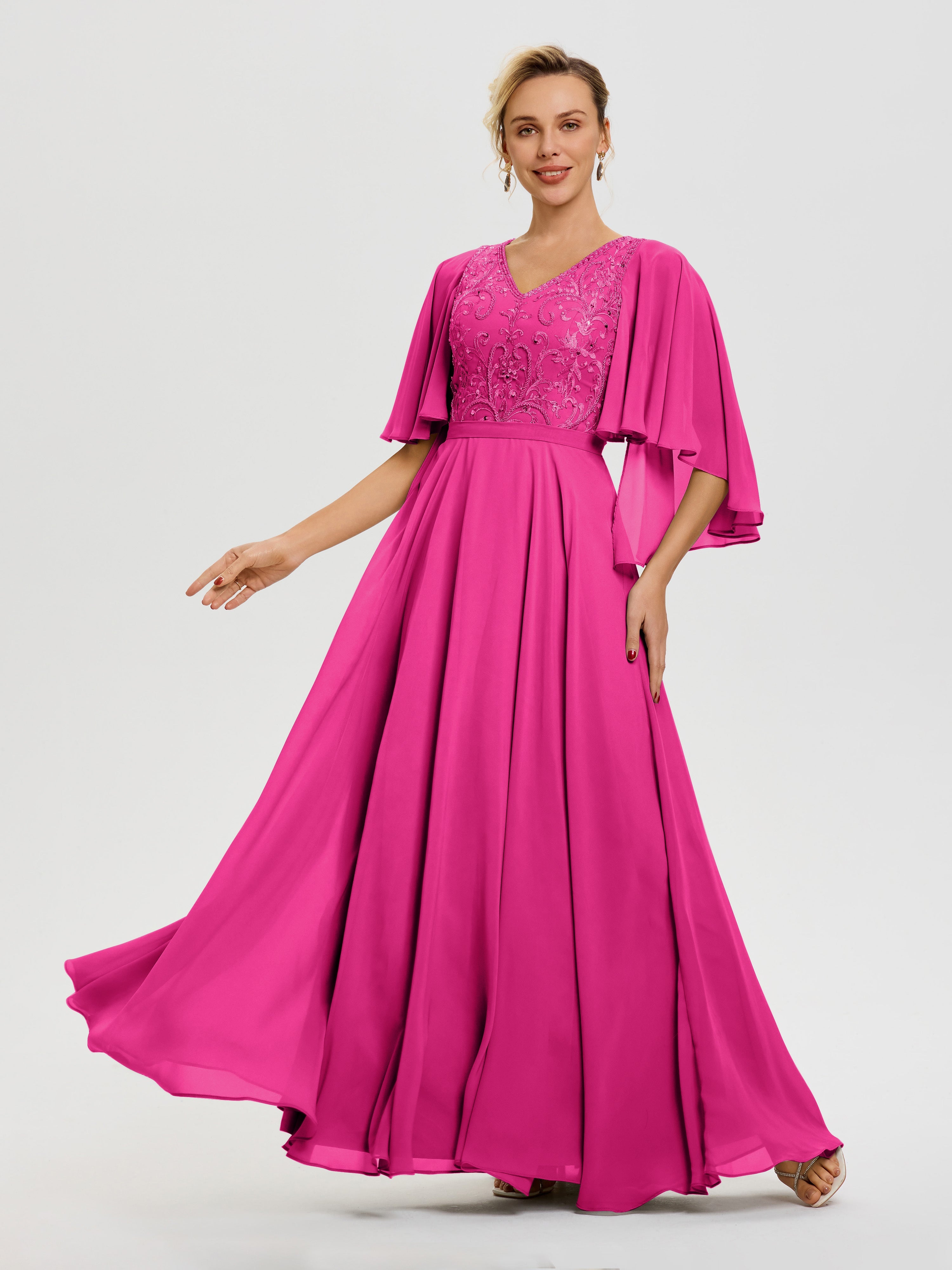 Robe Mariage Mère De La Mariée Fuchsia Col V Mousseline & Dentelle Robe Mère De Mariée Manches À Volants