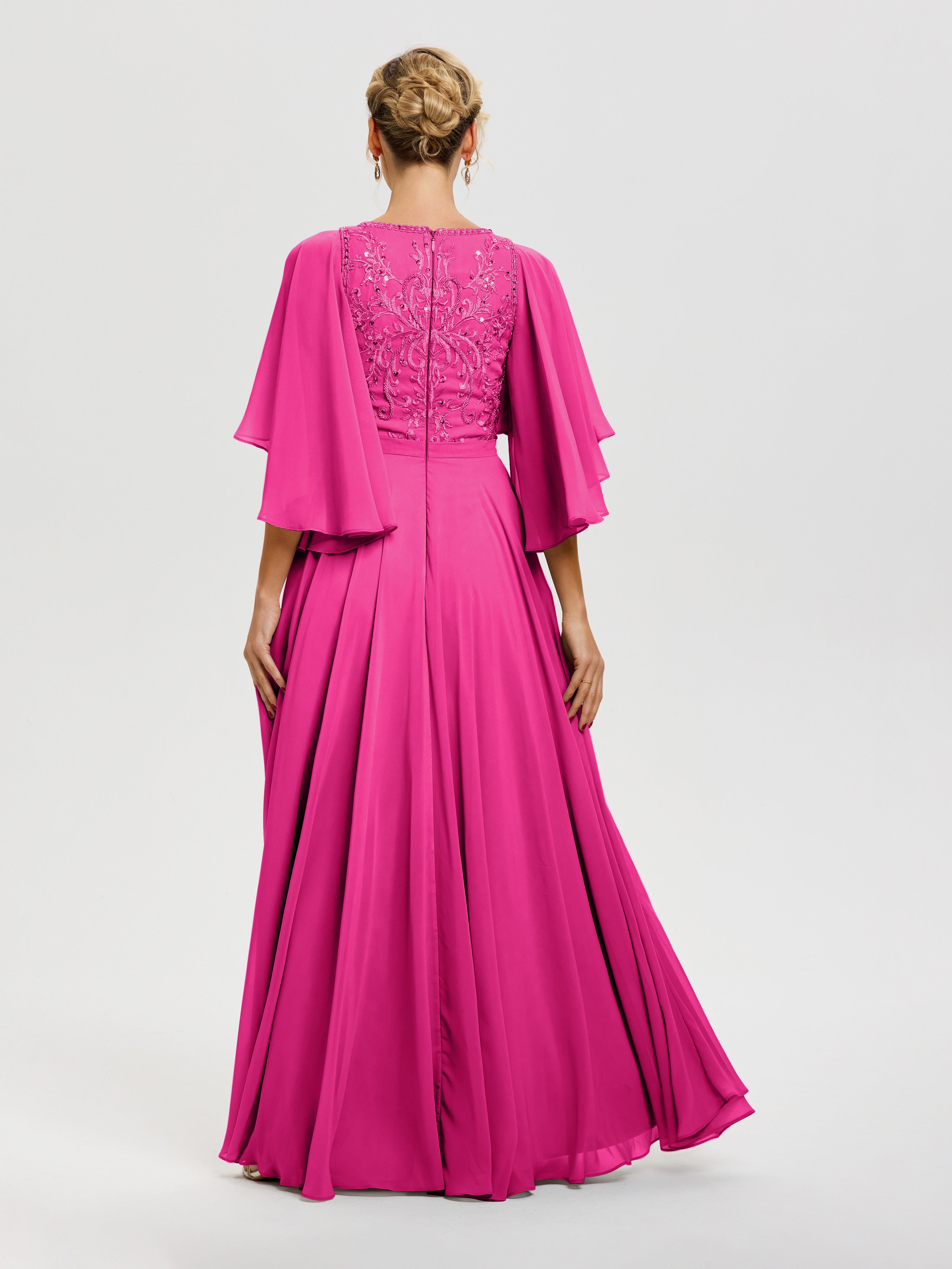 Robe Mariage Mère De La Mariée Fuchsia Col V Mousseline & Dentelle Robe Mère De Mariée Manches À Volants