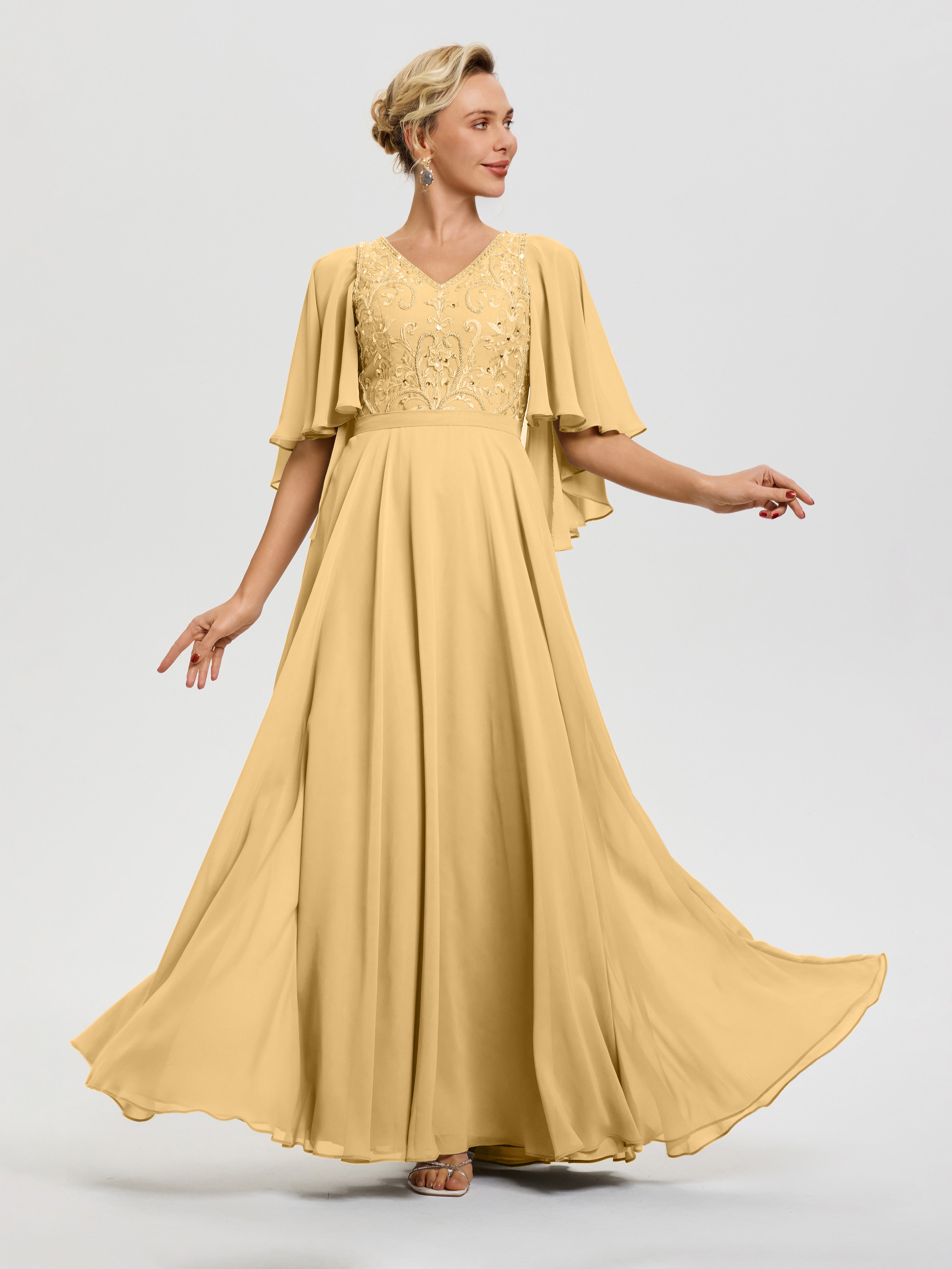 Robe Mariage Mère De La Mariée Or Col V Mousseline & Dentelle Robe Mère De Mariée Manches À Volants