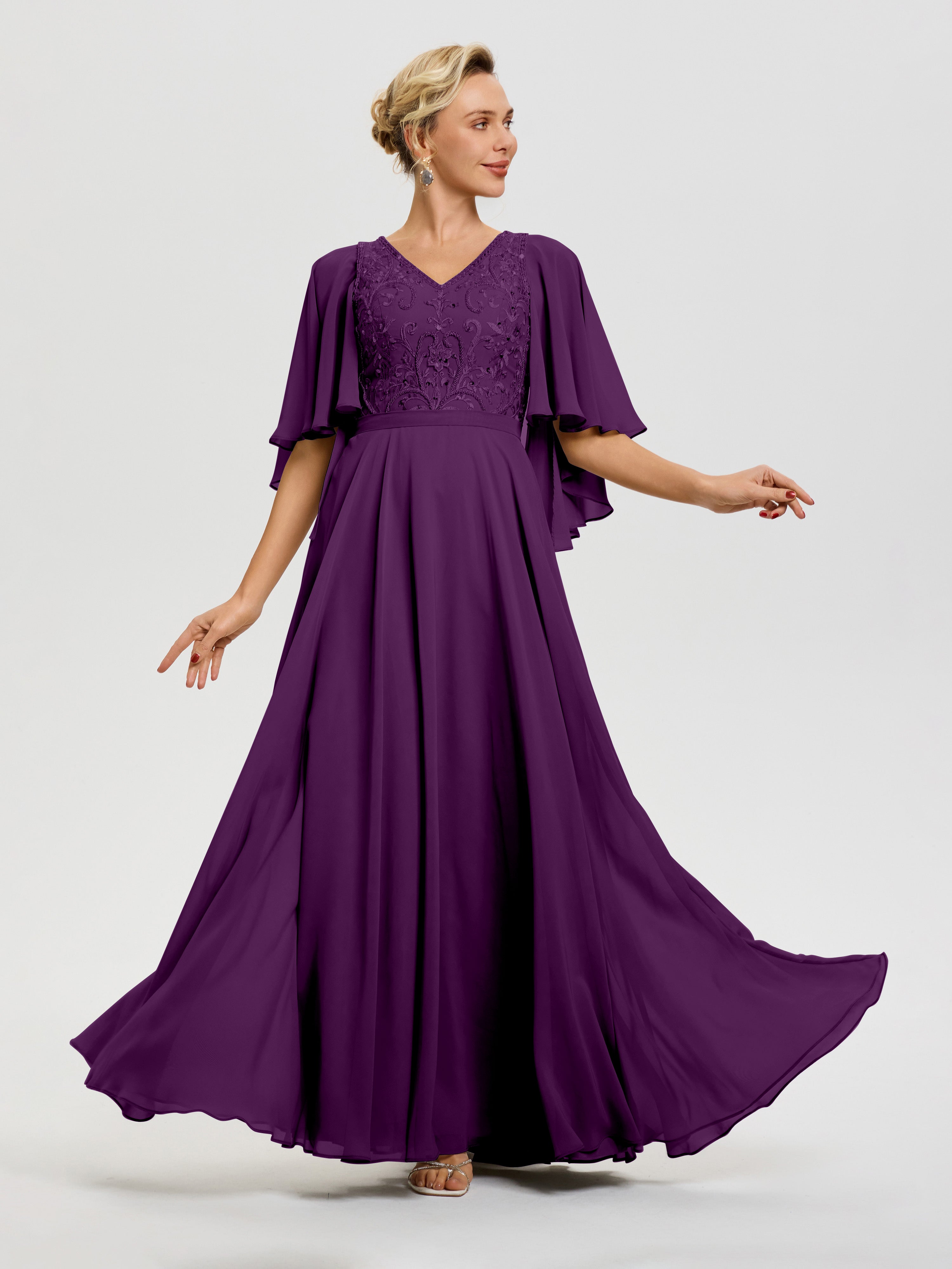 Robe Pour Mère De Mariée Raisin Col V Mousseline & Dentelle Robe Mère De Mariée Manches À Volants