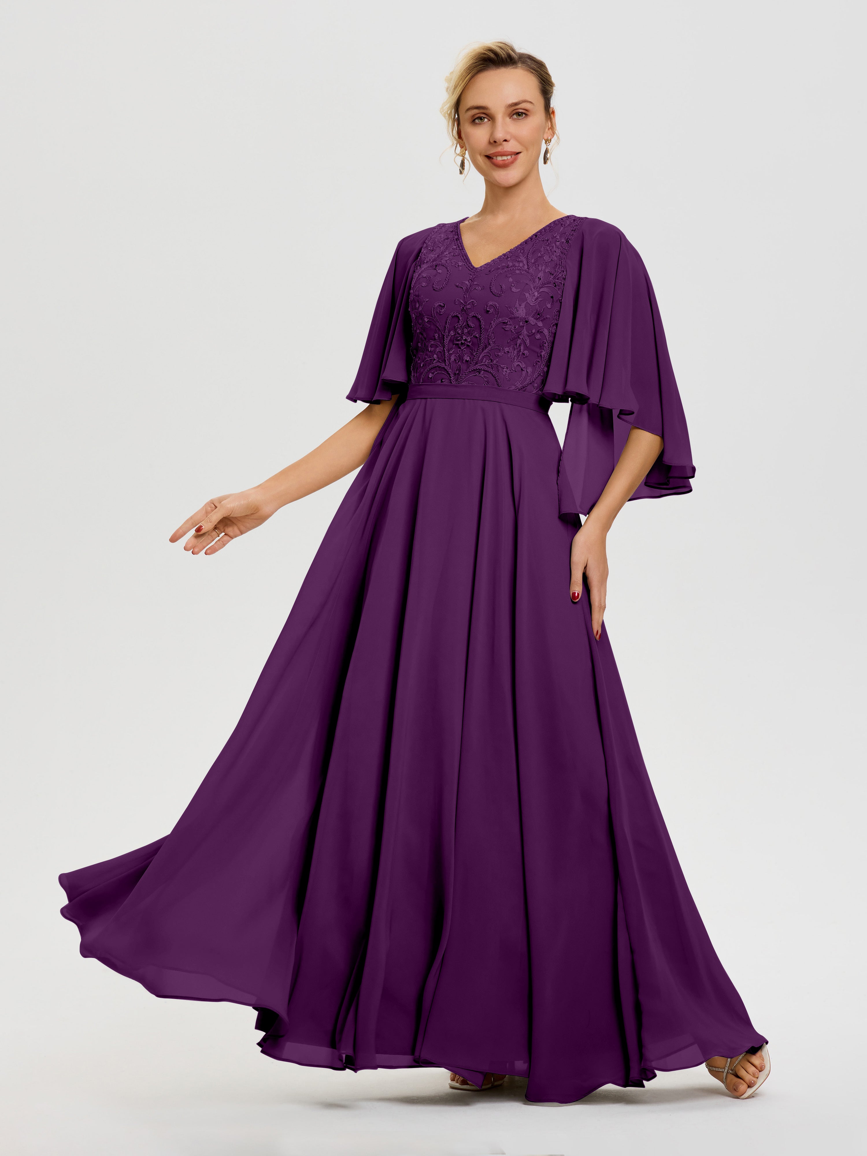Robe Pour Mère De Mariée Raisin Col V Mousseline & Dentelle Robe Mère De Mariée Manches À Volants
