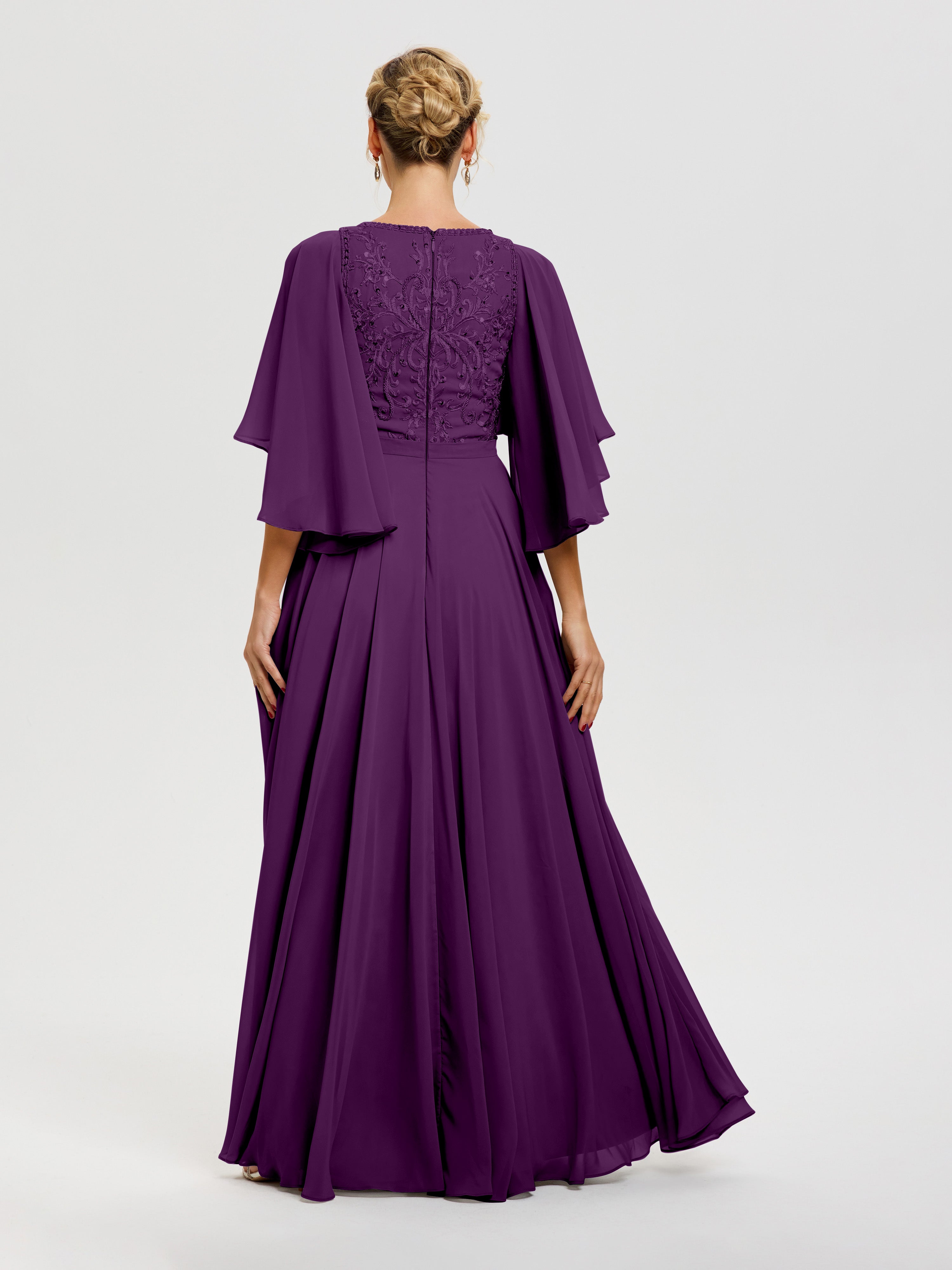 Robe Pour Mère De Mariée Raisin Col V Mousseline & Dentelle Robe Mère De Mariée Manches À Volants