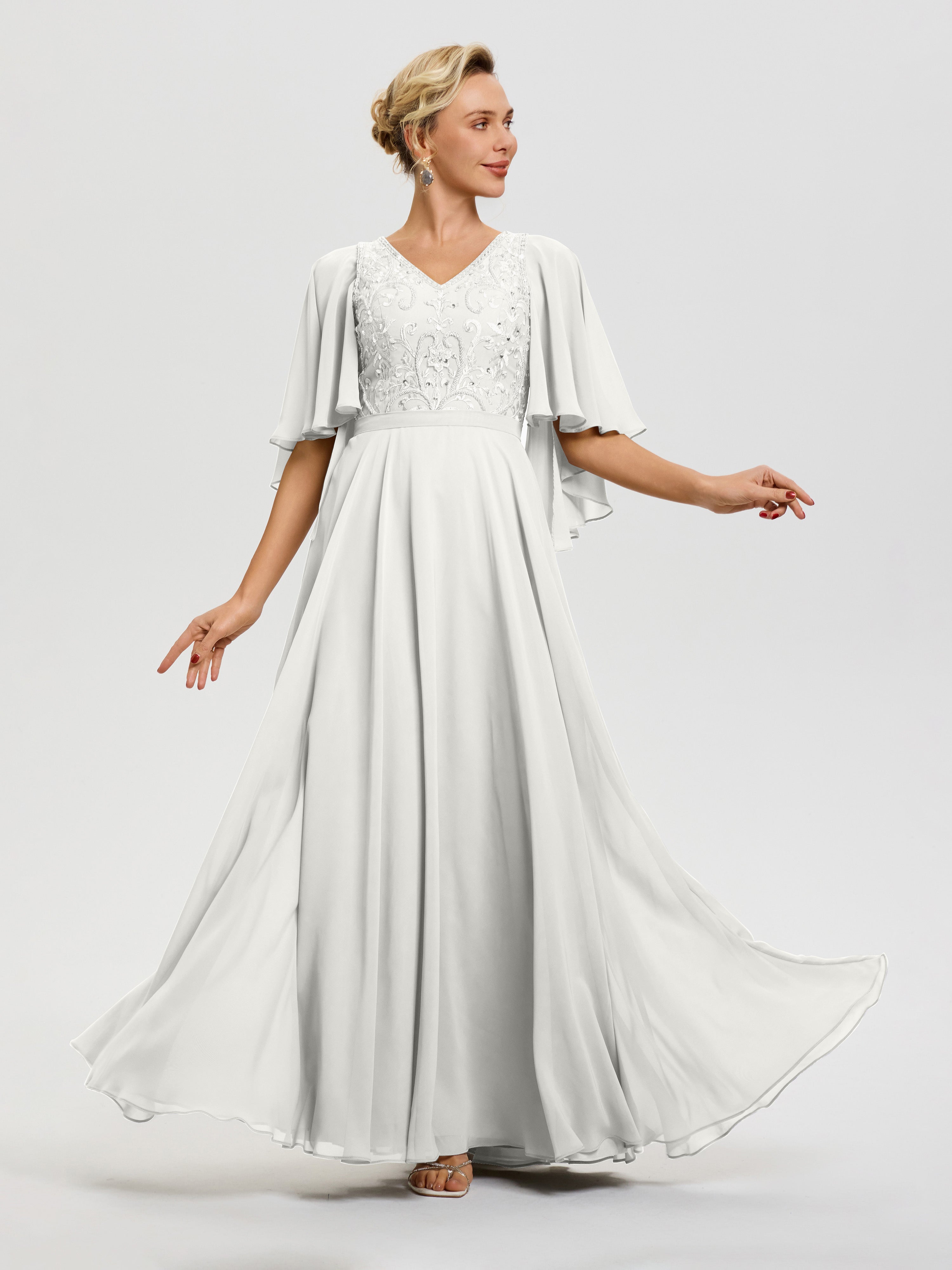 Robe Mariage Mère De La Mariée Ivoire Col V Mousseline & Dentelle Robe Mère De Mariée Manches À Volants