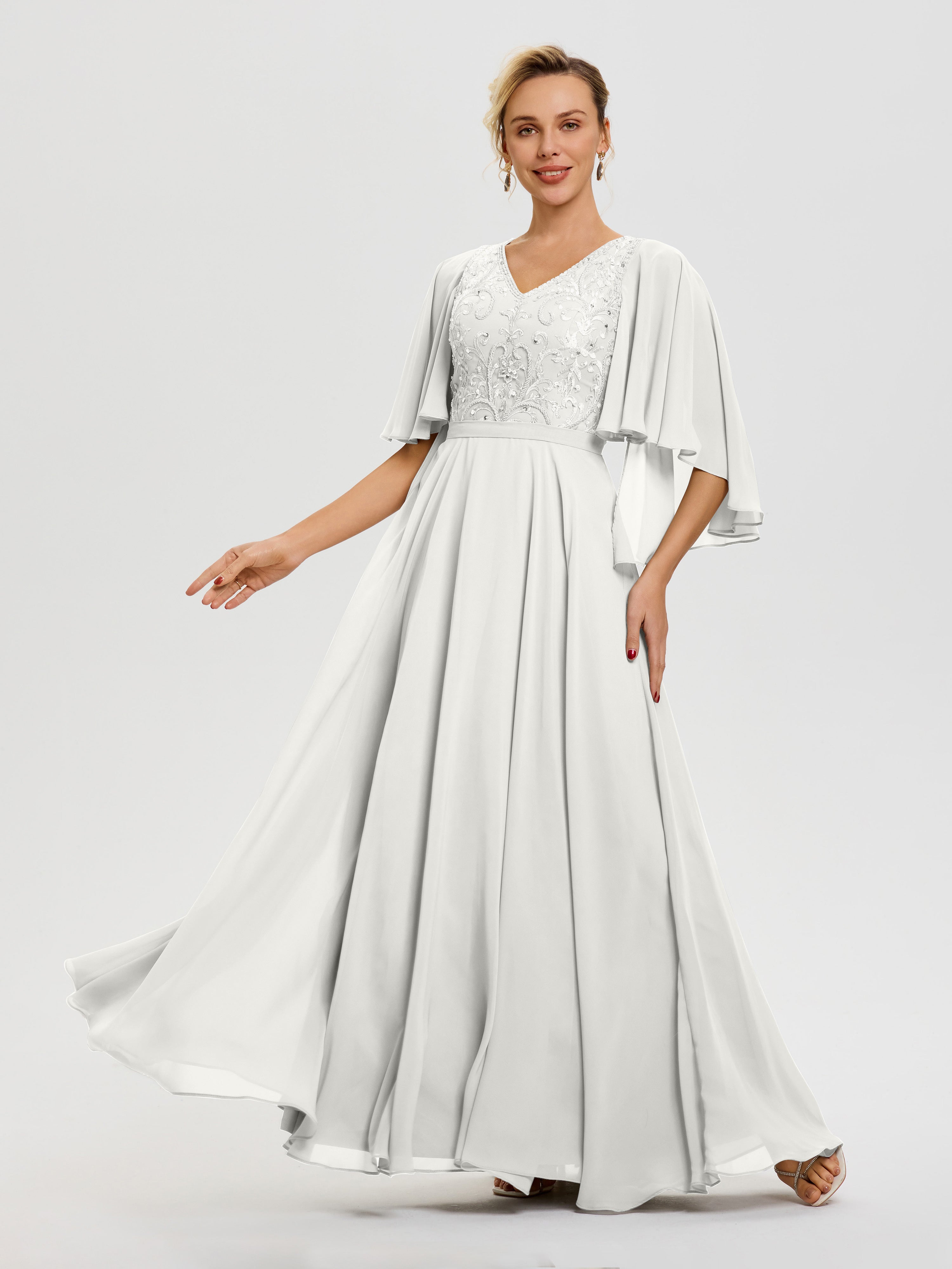 Robe Mariage Mère De La Mariée Ivoire Col V Mousseline & Dentelle Robe Mère De Mariée Manches À Volants