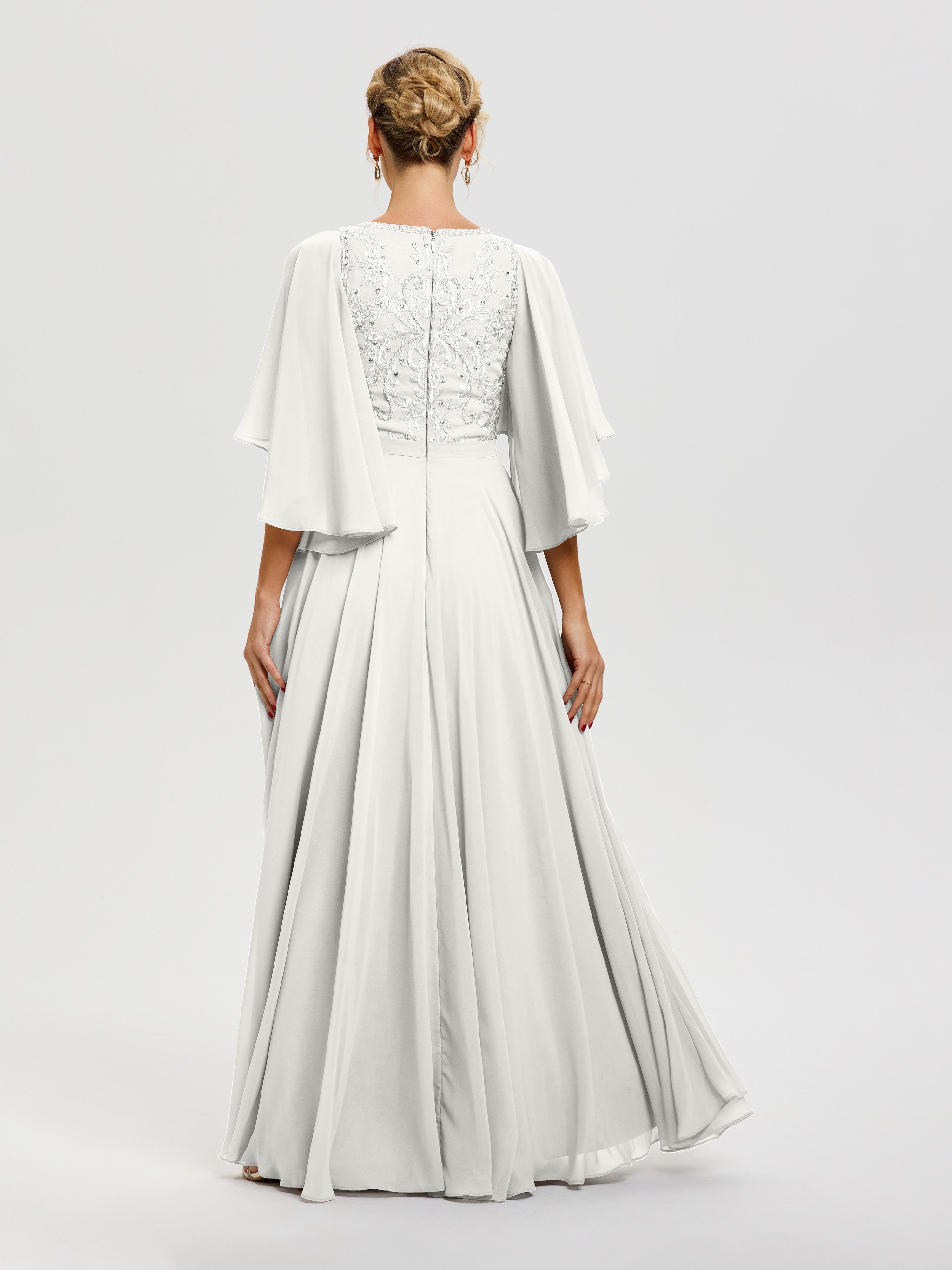 Robe Mariage Mère De La Mariée Ivoire Col V Mousseline & Dentelle Robe Mère De Mariée Manches À Volants