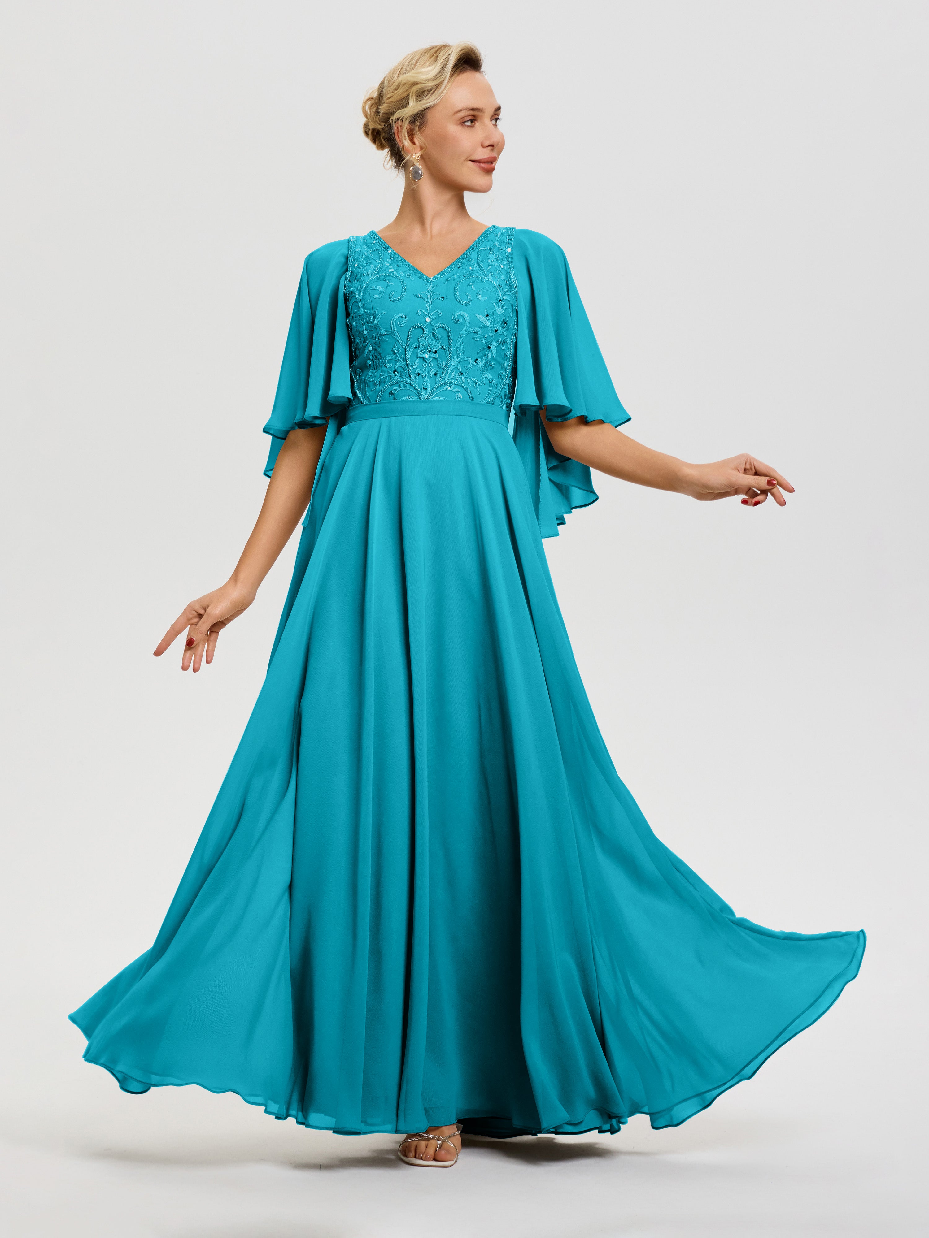 Robe Mariage Mère De La Mariée Jade Col V Mousseline & Dentelle Robe Mère De Mariée Manches À Volants