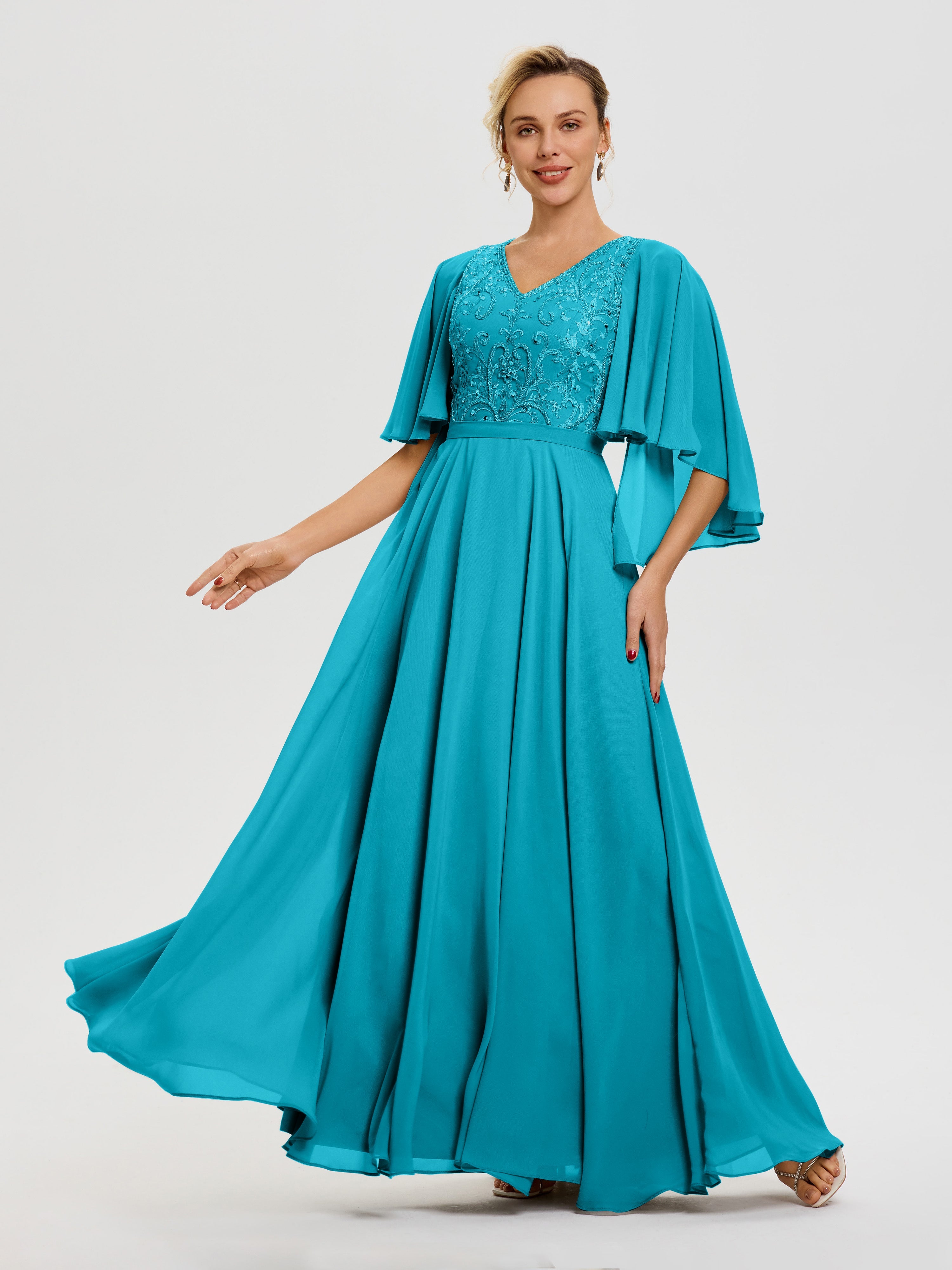 Robe Mariage Mère De La Mariée Jade Col V Mousseline & Dentelle Robe Mère De Mariée Manches À Volants