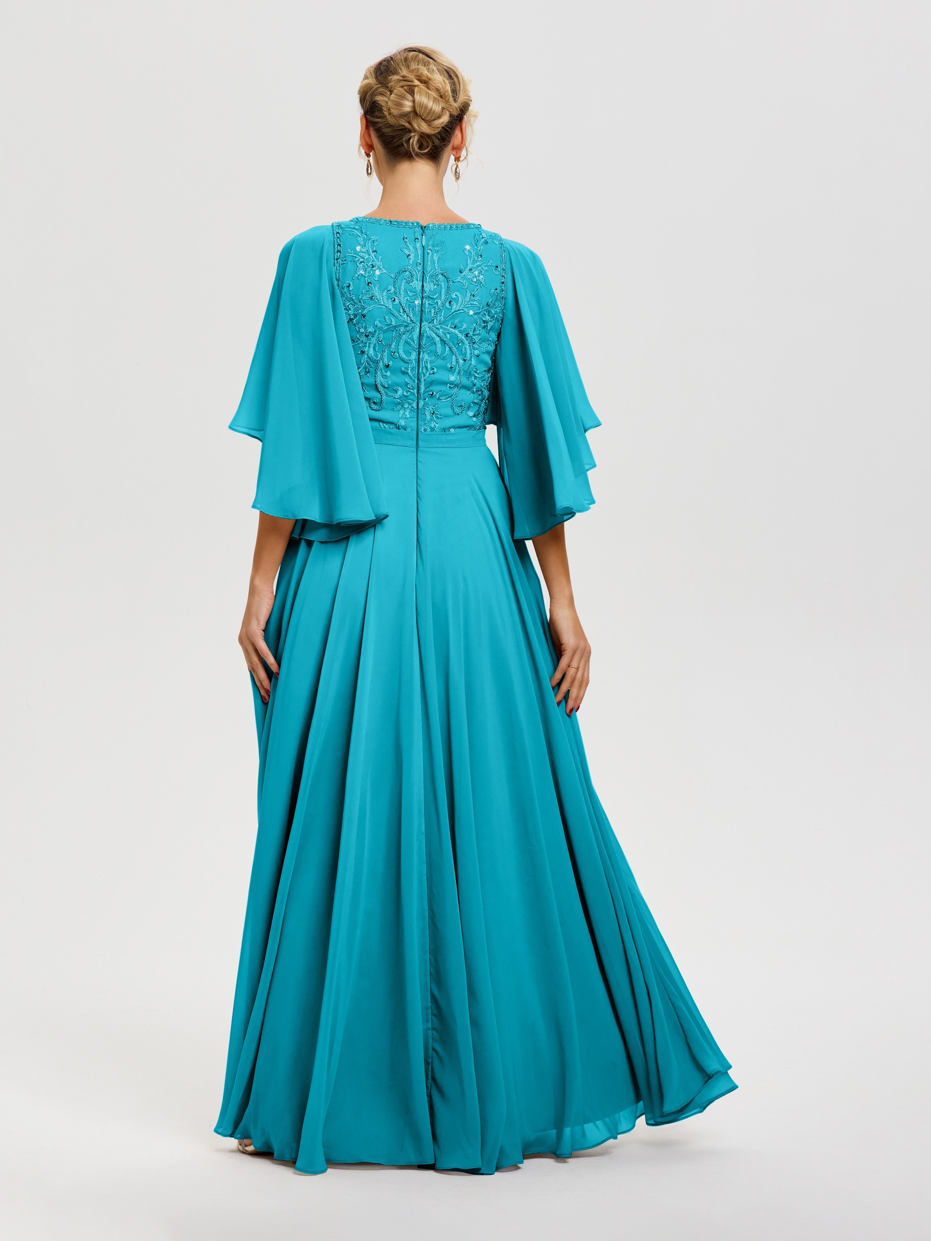 Robe Mariage Mère De La Mariée Jade Col V Mousseline & Dentelle Robe Mère De Mariée Manches À Volants