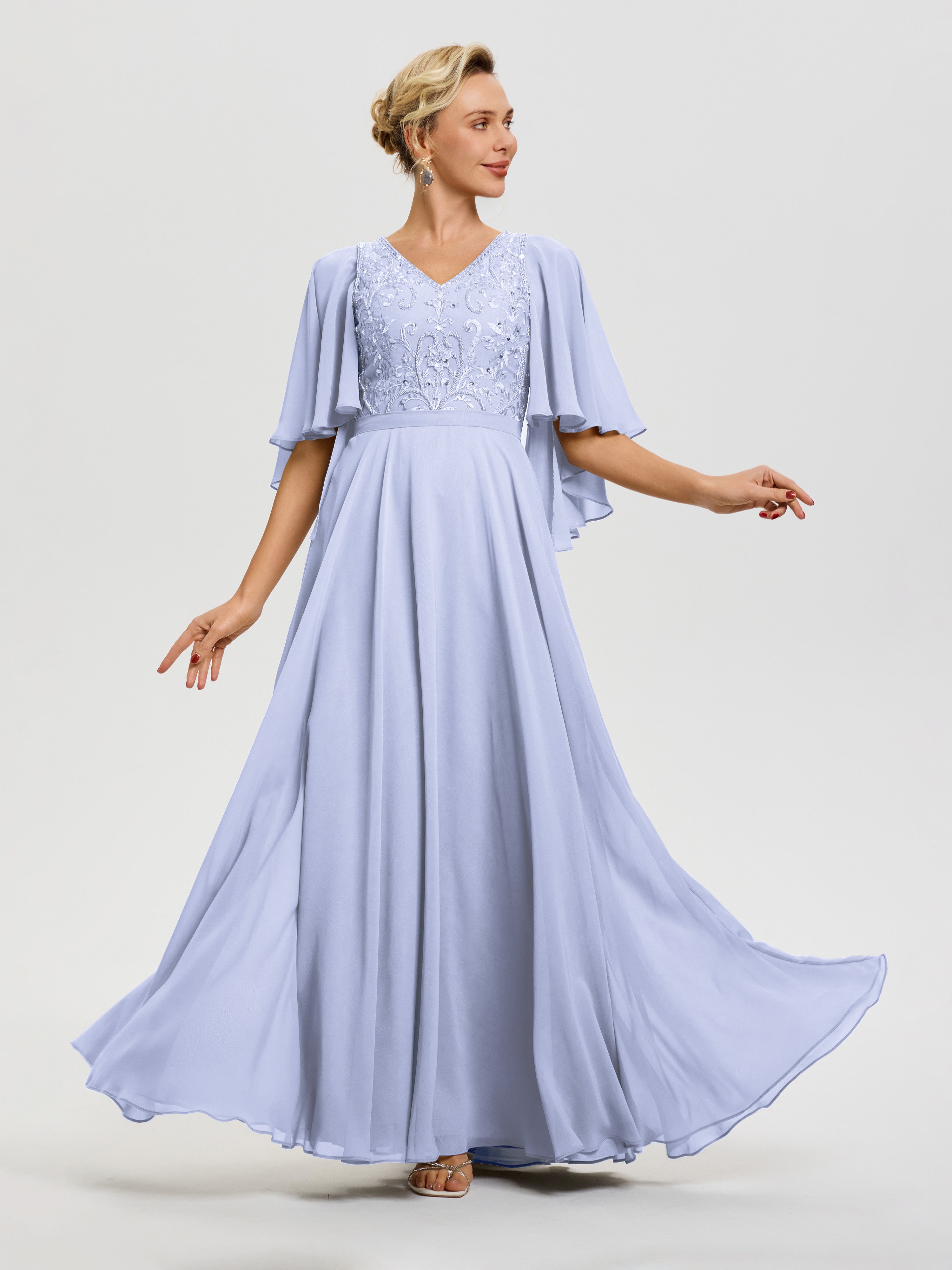 Robe Mariage Mère De La Mariée Lavande Col V Mousseline & Dentelle Robe Mère De Mariée Manches À Volants
