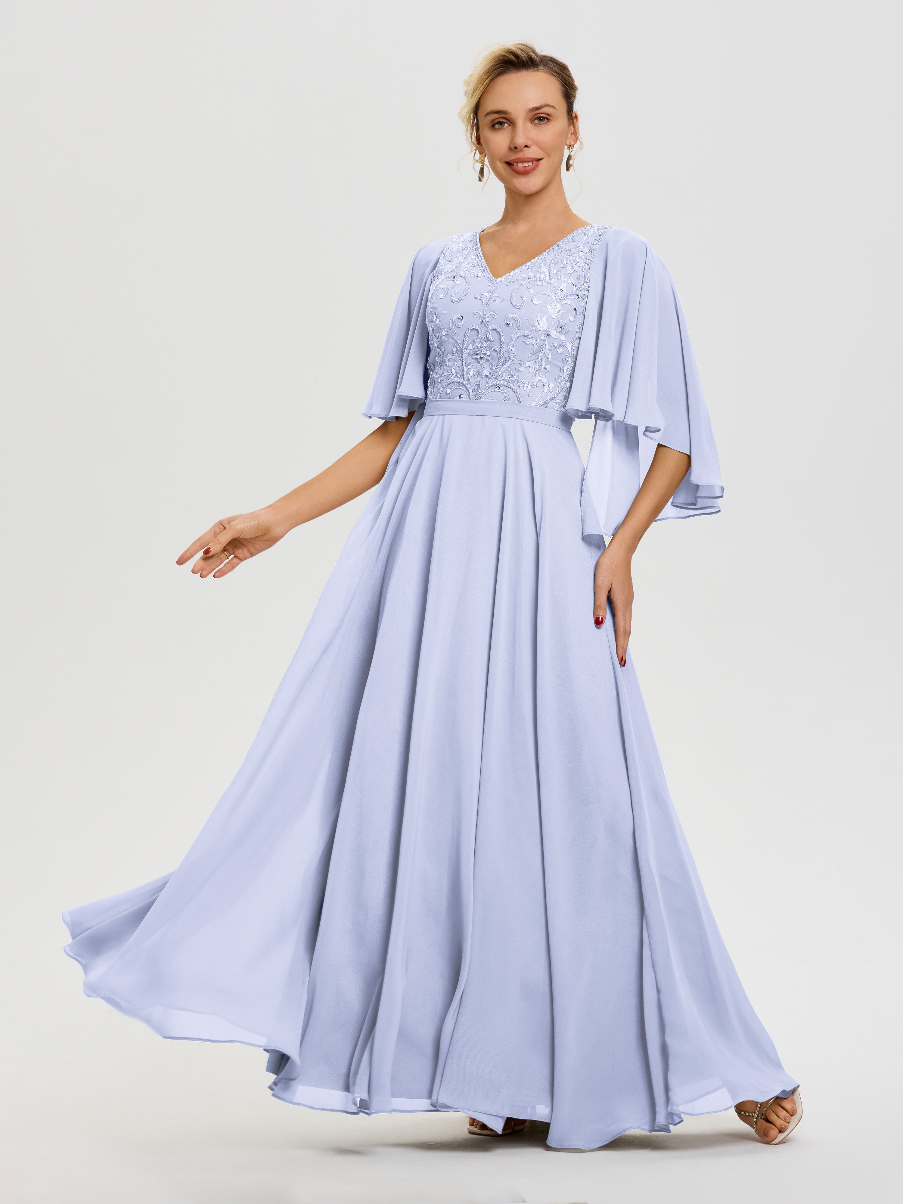 Robe Mariage Mère De La Mariée Lavande Col V Mousseline & Dentelle Robe Mère De Mariée Manches À Volants