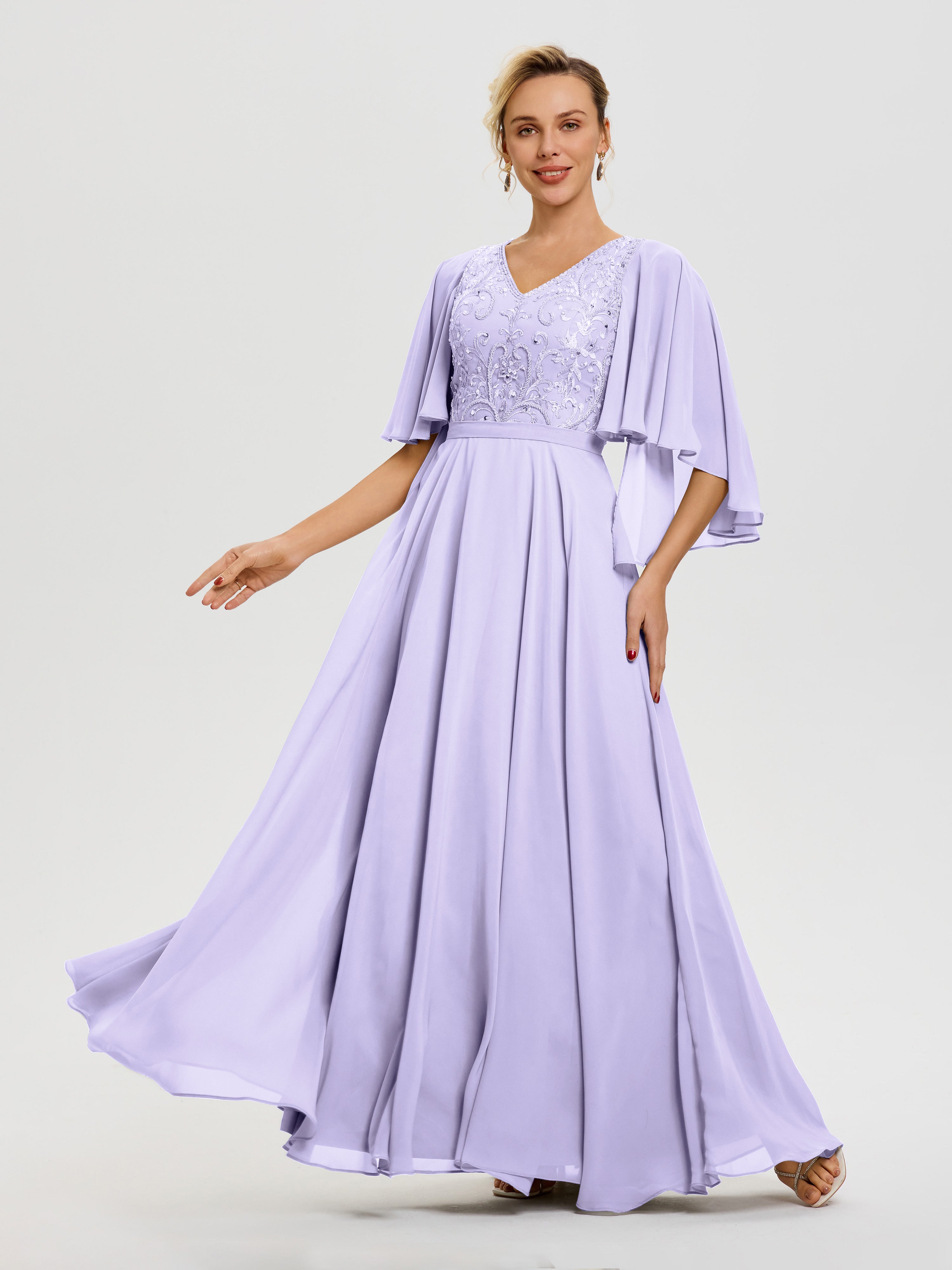 Robe Mariage Mère De La Mariée Lilas Col V Mousseline & Dentelle Robe Mère De Mariée Manches À Volants