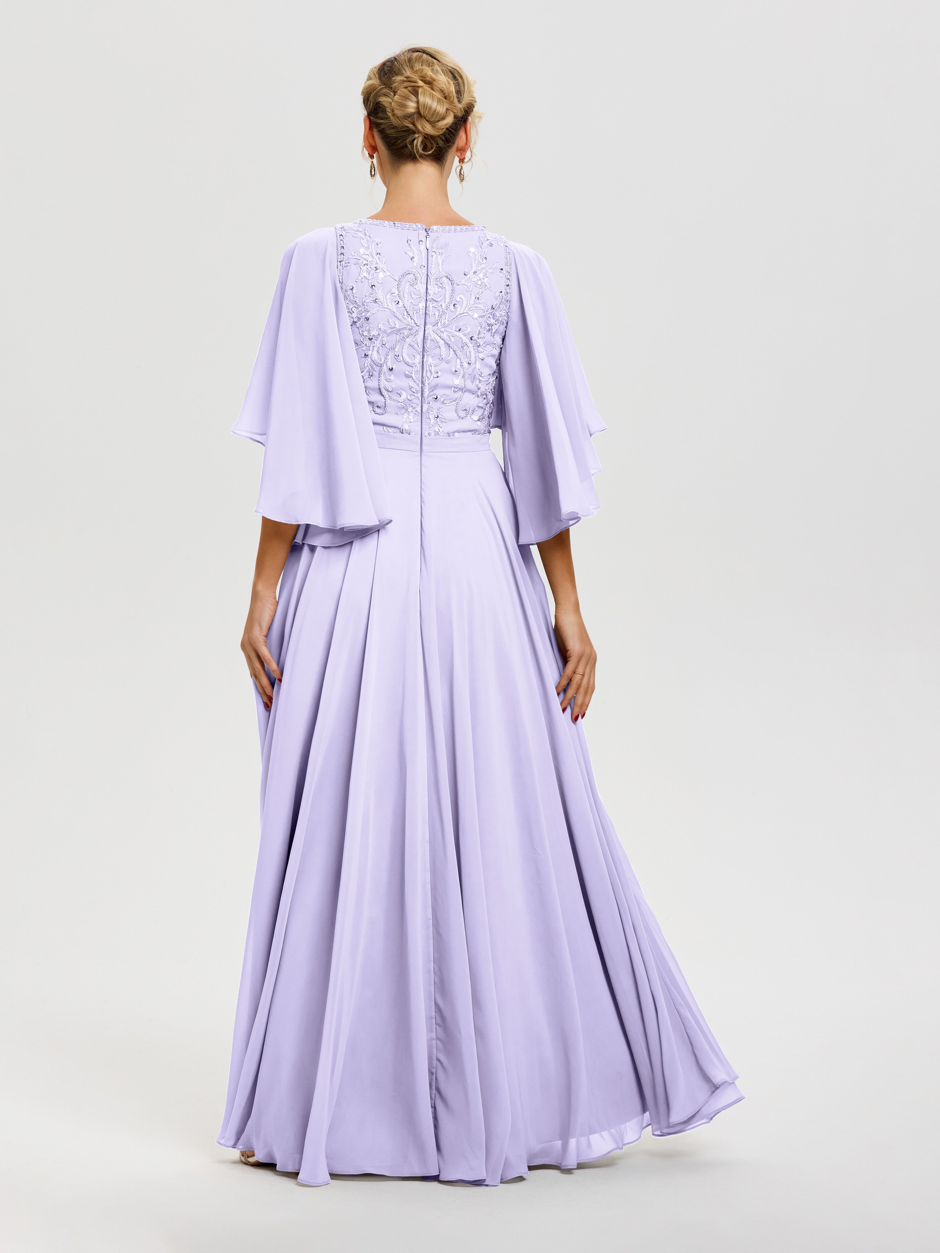 Robe Mariage Mère De La Mariée Lilas Col V Mousseline & Dentelle Robe Mère De Mariée Manches À Volants