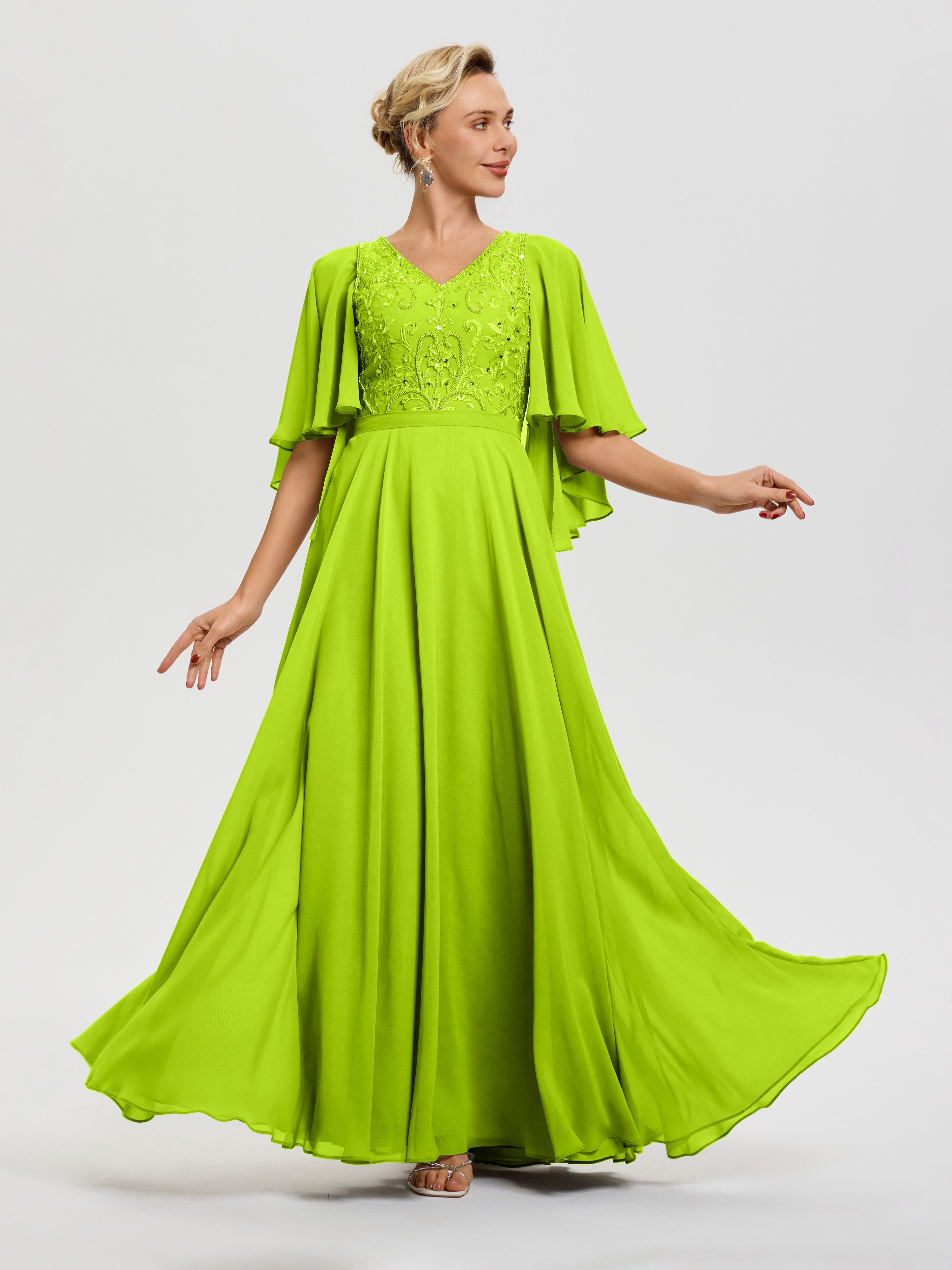Robe Mère Mariée Moderne Vert Citron Col V Mousseline & Dentelle Robe Mère De Mariée Manches À Volants