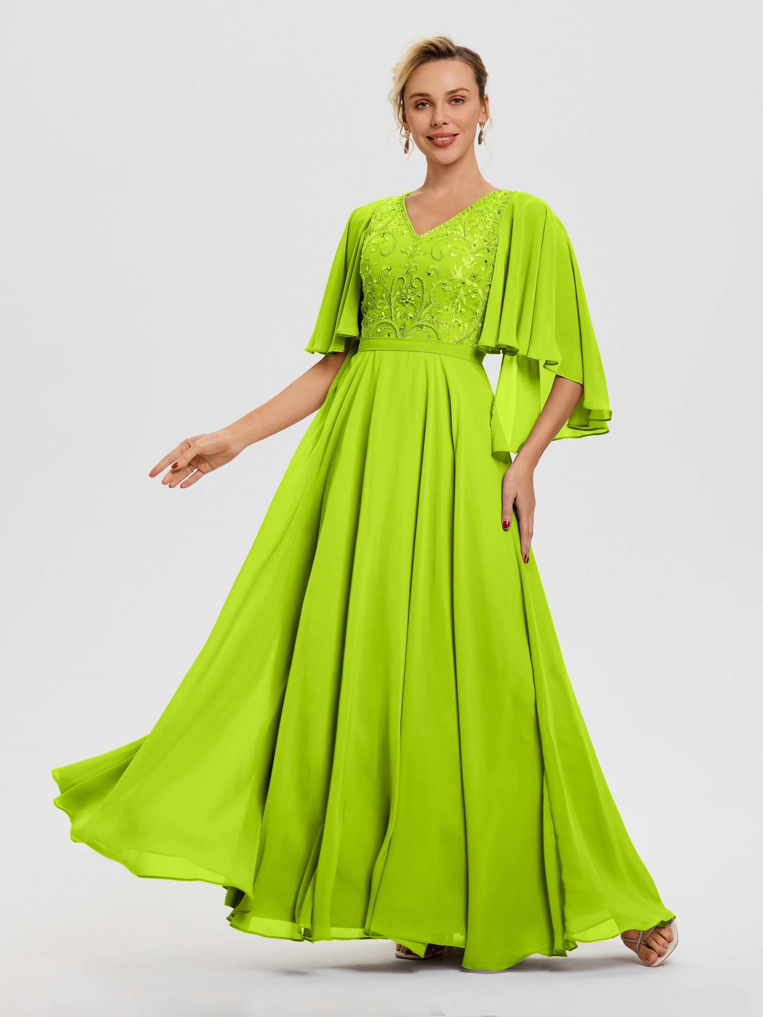Robe Mère Mariée Moderne Vert Citron Col V Mousseline & Dentelle Robe Mère De Mariée Manches À Volants