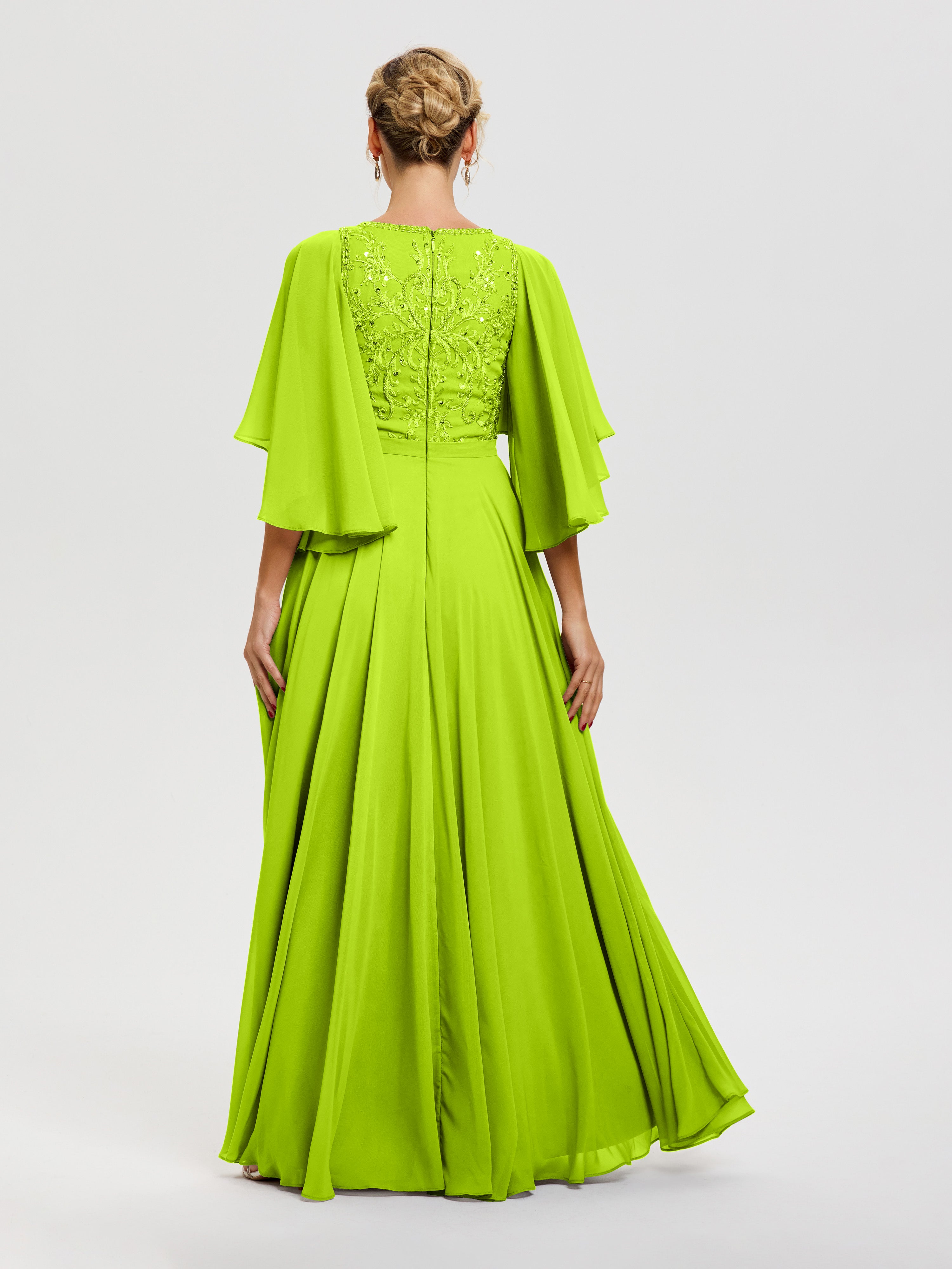 Robe Mère Mariée Moderne Vert Citron Col V Mousseline & Dentelle Robe Mère De Mariée Manches À Volants